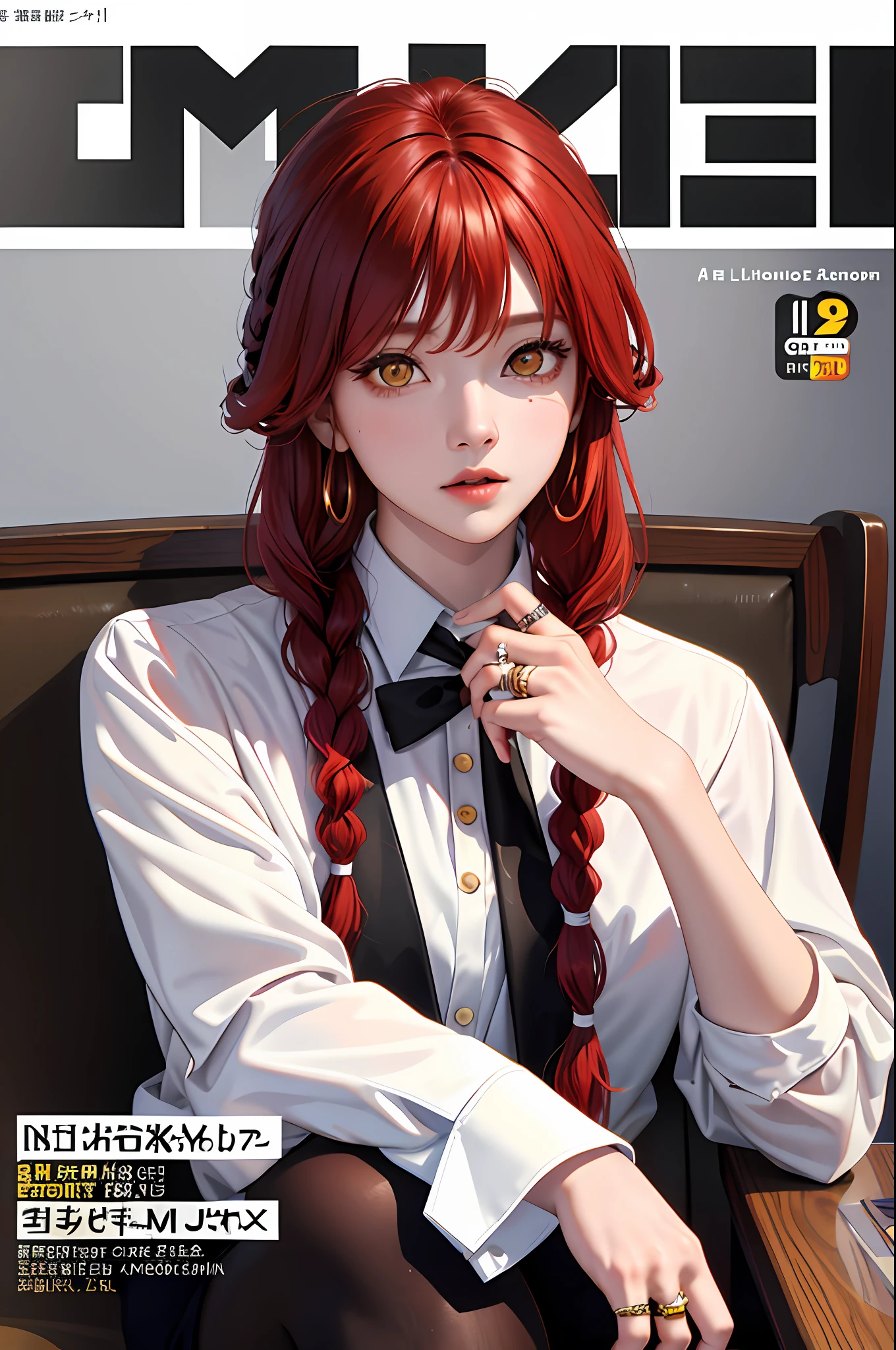 Title Logo Large, Text Design, Masterpiece, (Photorealistic: 1.4), Top Quality, Beautiful Lighting, (ulzzang-6500:0.5), Makima \(Chainsaw Man\), (Red Hair) + (1 long braided hair) + + (Bangs), Yellow Eyes, Golden Eyes, (((Ring-shaped Eyes)), (White Shirt), (Black Tie), RAW Photos, 8k UHD, film grain, gradient lighting, magazine cover, upper body,