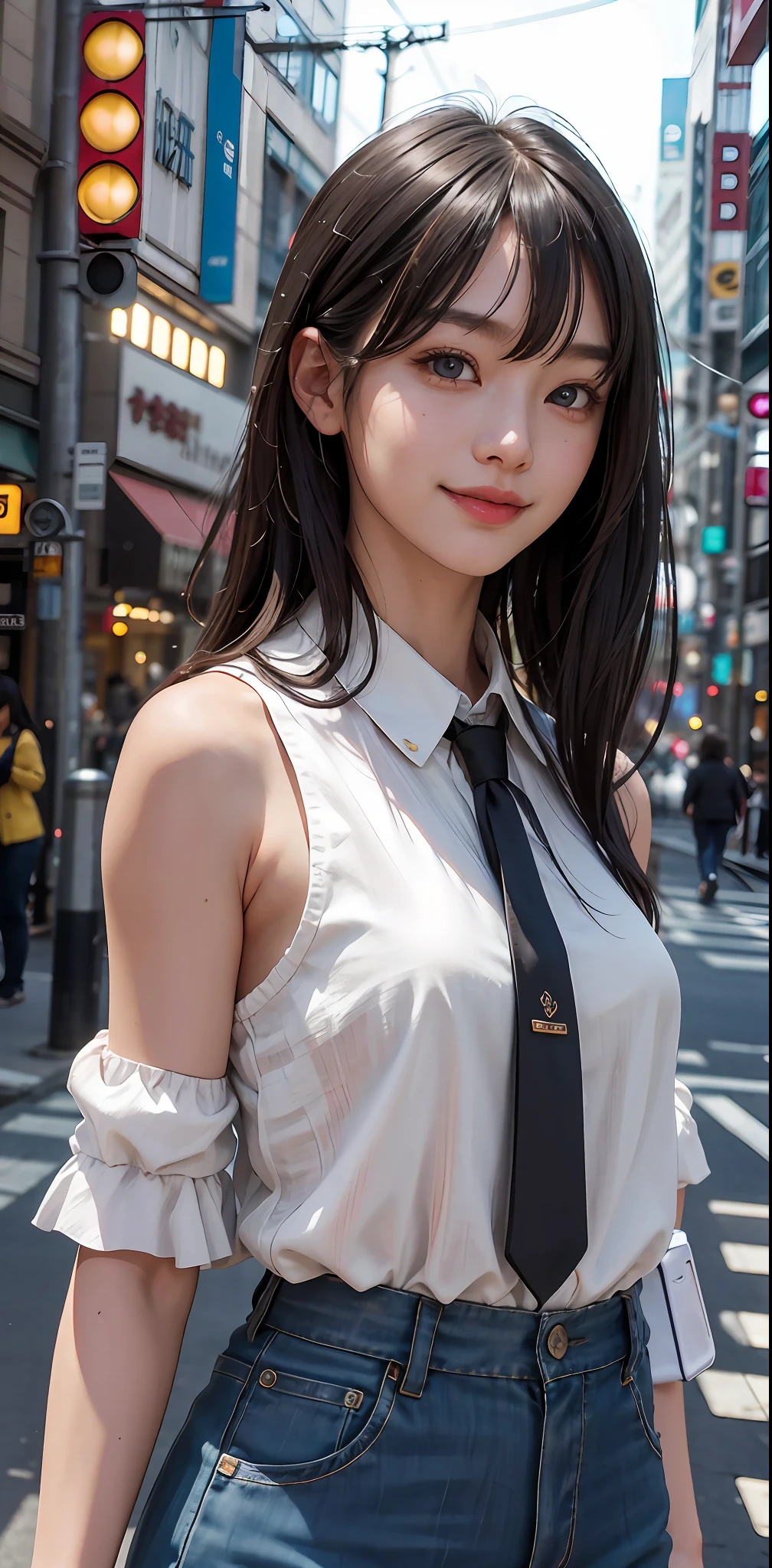 Masterpiece, 1 Beautiful Girl, Detailed, Swollen Eyes, Top Quality, Ultra High Resolution, (Reality: 1.4), Original Photo, 1Girl, Cinematic Lighting, Smiling, Japanese, Asian Beauty, Korean, Clean, Super Beautiful, Little Young Face, Beautiful Skin, Slender, Cyberpunk Background, (ultra realistic), (high resolution), (8K), (very detailed), (best illustration), (beautifully detailed eyes), (super detailed), (wallpaper), (detailed face), viewer looking, fine detail, detailed face, pureerosfaceace_v1, smiling, 46 point slanted bangs, looking straight ahead, neat clothes, dark colored eyes, clothes sleeveless, body facing front,