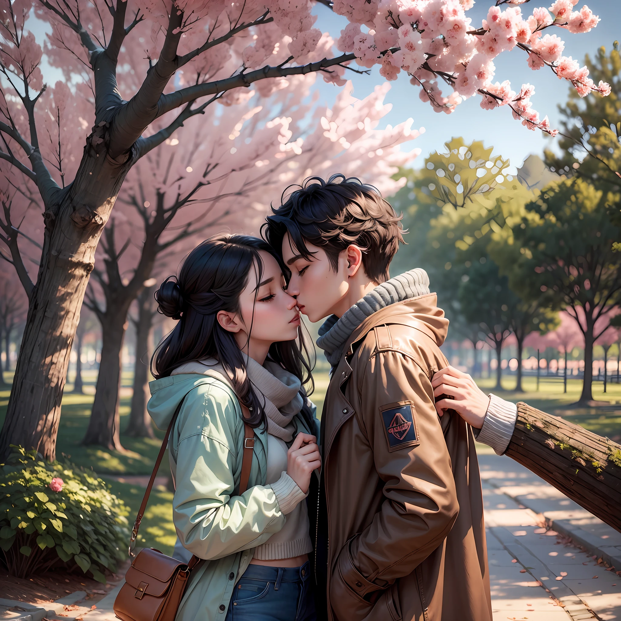 A beautiful rapas kissing a beautiful girl in a park cold clothes --auto --s2