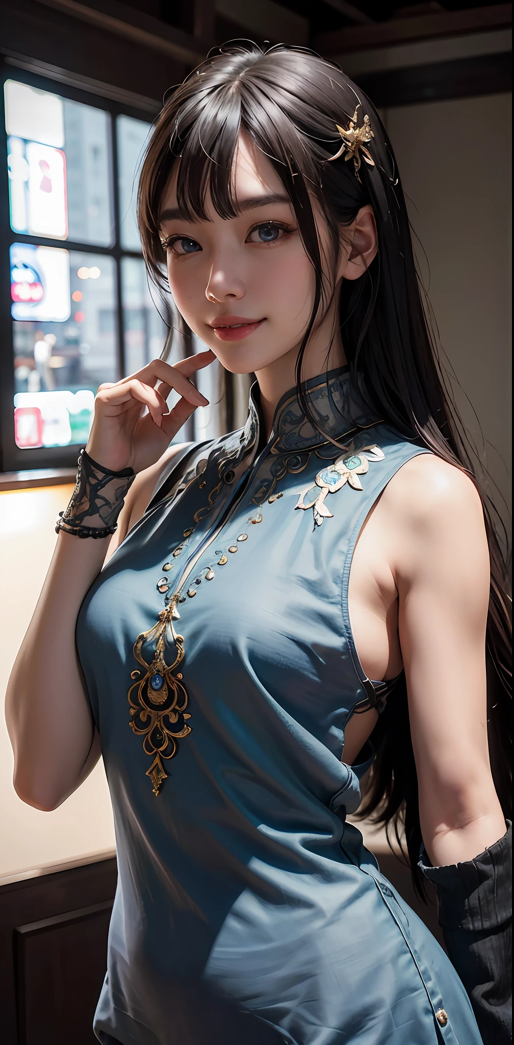 Masterpiece, 1 Beautiful Girl, Detailed, Swollen Eyes, Top Quality, Ultra High Resolution, (Reality: 1.4), Original Photo, 1Girl, Cinematic Lighting, Smiling, Japanese, Asian Beauty, Korean, Clean, Super Beautiful, Little Young Face, Beautiful Skin, Slender, Cyberpunk Background, (ultra realistic), (high resolution), (8K), (very detailed), (best illustration), (beautifully detailed eyes), (super detailed), (wallpaper), (detailed face), viewer looking, fine detail, detailed face, pureerosfaceace_v1, smiling, 46 point slanted bangs, looking straight ahead, neat clothes, dark colored eyes, clothes sleeveless, body facing front,