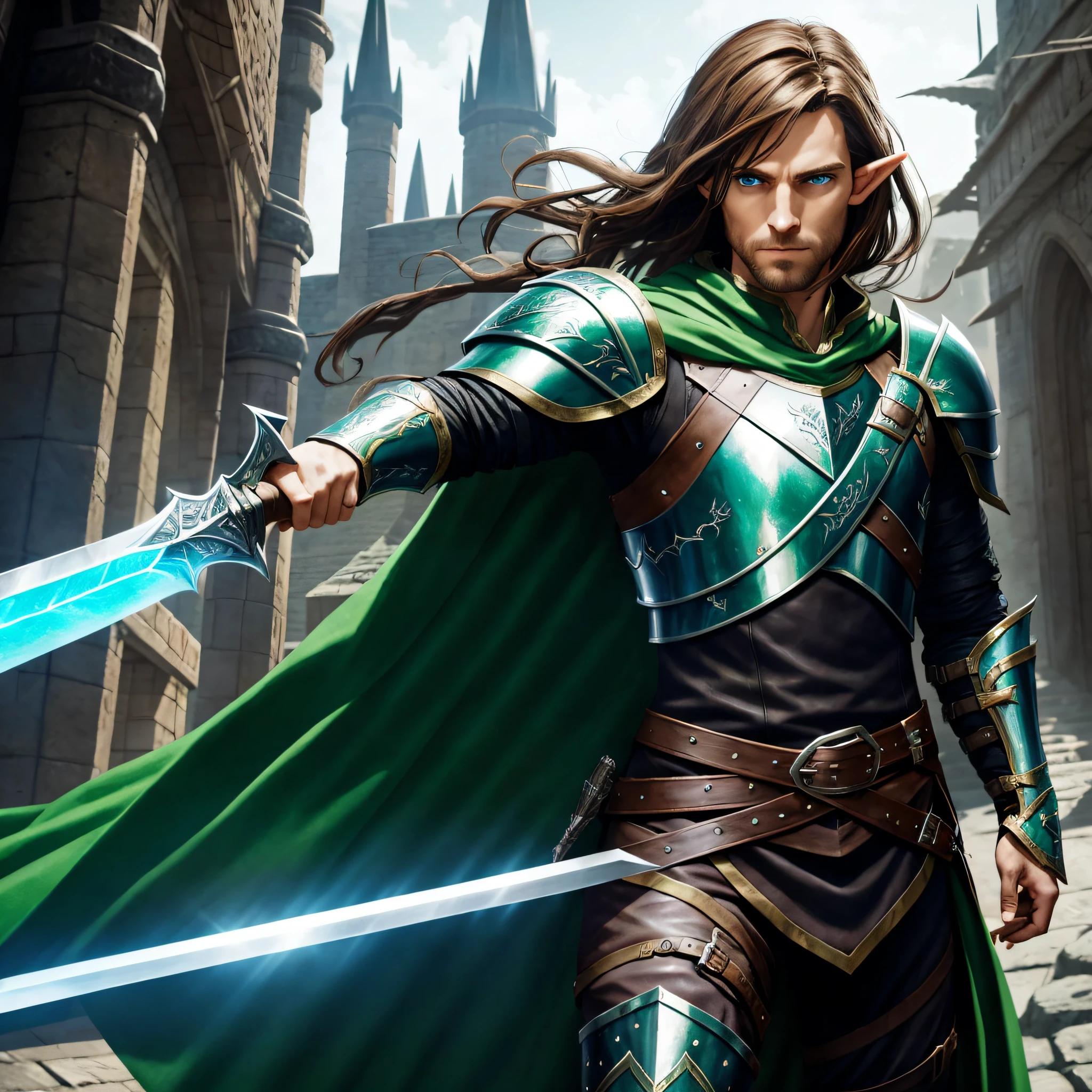 portrait of a full body, half elf, wearing leather armor, hd 4k, green cloak, dragon lance setting, dnd, bladesinger, shoulder length brown hair, brown stubble, blue eyes, holding a short sword in fantasy urban setting, casting a spell, epic fantasy style art 4k, epic fantasy style art ,4k