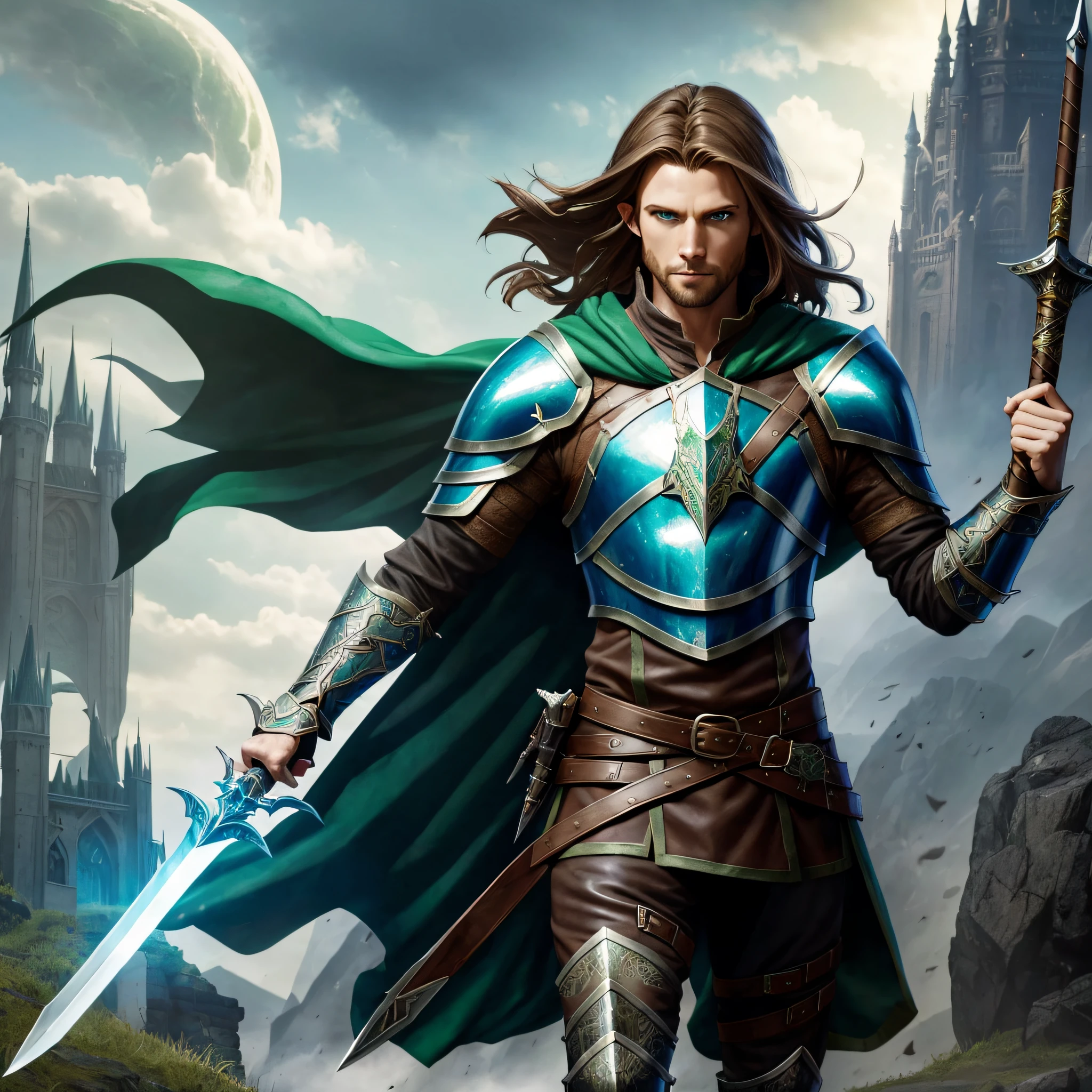 portrait of a full body, half elf, wearing leather armor, hd 4k, green cloak, dragon lance setting, dnd, bladesinger, shoulder length brown hair, brown stubble, blue eyes, holding a short sword in fantasy urban setting, casting a spell, epic fantasy style art 4k, epic fantasy style art ,4k