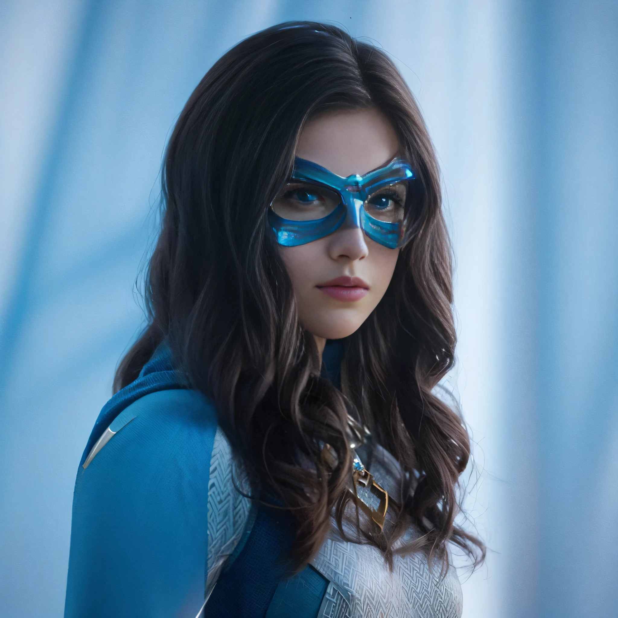 a superheroine with powers, in her hands a blue aura