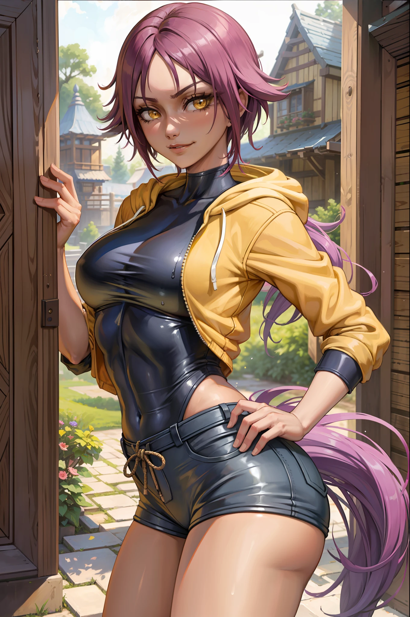 (Masterpiece, Best Quality:1.2), Solo, 1girl, Shihouin Yoruichi, Smirk, Looking at the Viewer, Tail, Realistic Eyes, Best Quality, Closed Mouth, Beautiful Lighting, Cinematic, 8K, Facial, Wet Face, Liner, Wooden Walls, Big Tits, Yellow Hoodie, Short Shorts, Wide Thighs, Yellow Eyes, Erotica