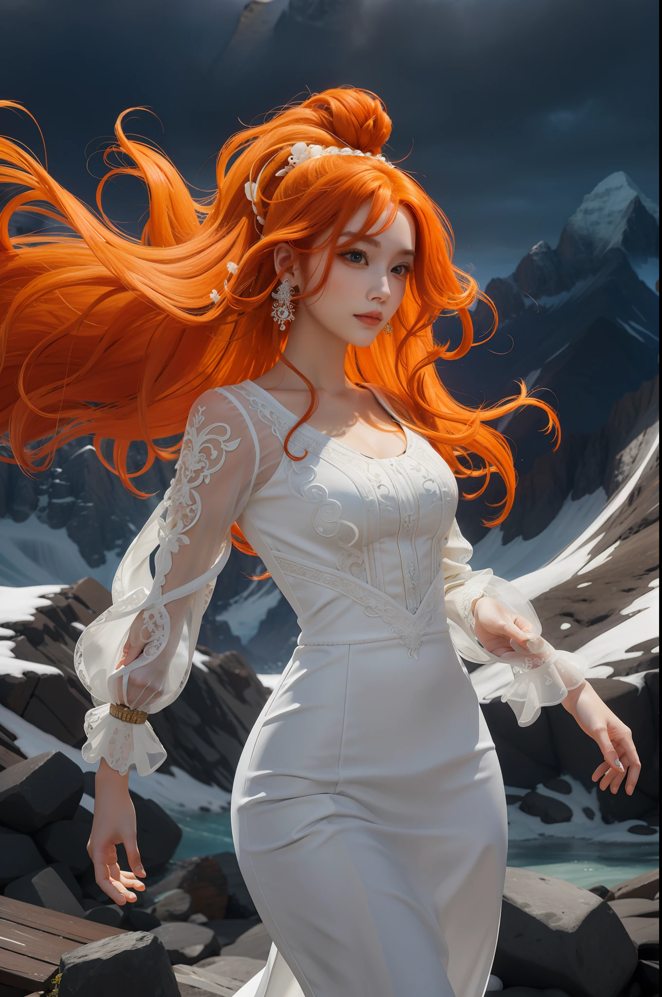 Beautiful woman, wavy hair, long orange hair, white long dress, long sleeves, finely detailed eyes and detailed face, intricate details, bold colors, majestic peaks, rugged terrain, breathtaking heights,
