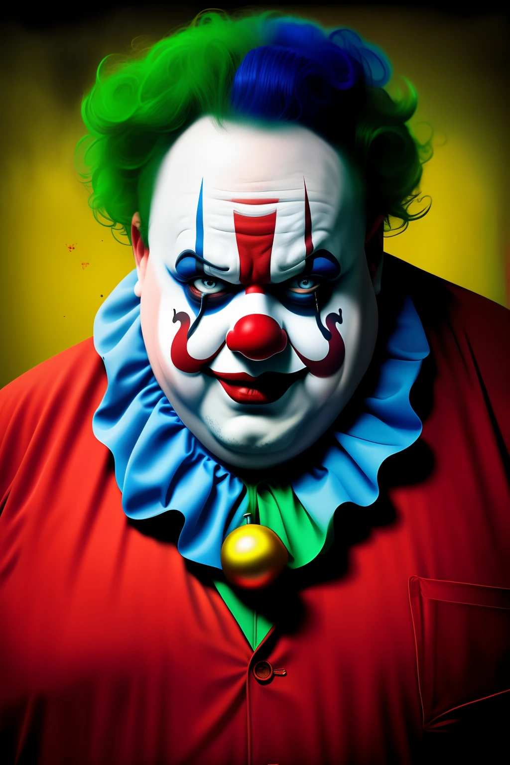 Sympathetic clown man, Fat looking at viewer macabre background, various colors, 8k qualities, cinematic focus, horror