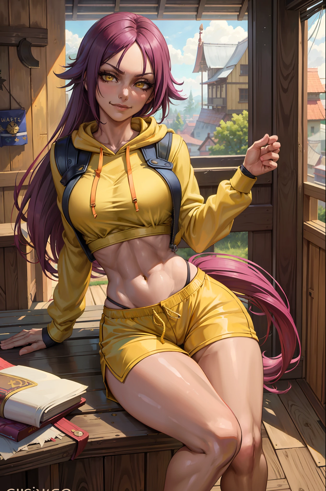 (Masterpiece, Best Quality:1.2), Solo, 1girl, Shihouin Yoruichi, Smirk, Looking at the Viewer, Tail, Realistic Eyes, Best Quality, Closed Mouth, Beautiful Lighting, Cinematic, 8K, Facial, Wet Face, Liner, Wooden Walls, Big Tits, Yellow Hoodie, Short Shorts, Wide Thighs, Yellow Eyes, Erotica