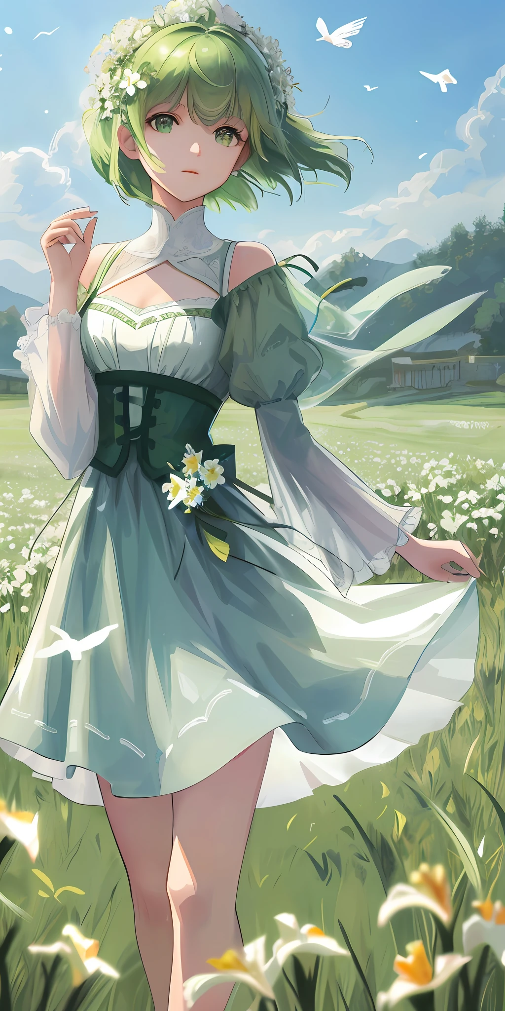 High Detail, Ultra Detail, Ultra High Resolution Short green hair girl enjoying her time in open field, surrounded by the beauty of nature, warm sun sprinkling on her, white flowers gently swaying in the breeze. Precise iris depiction,looking at the viewer with a calm and goddess-like happiness, Btterflies and birds flutter around her, adding to the playful atmosphere , --v6