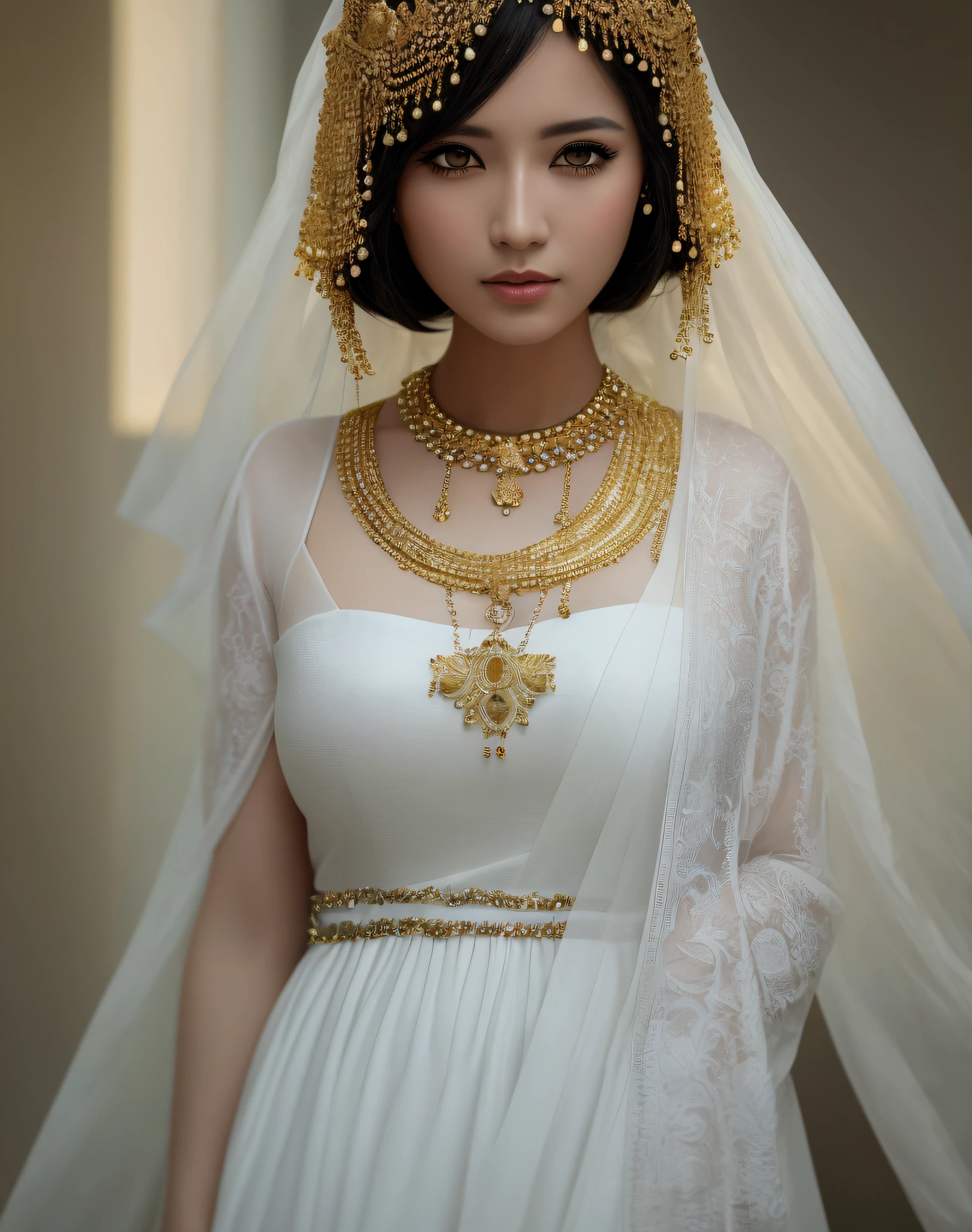 Masterpiece, absurdres, award winning photo, extremely detailed, amazing, fine detail, extremely detailed eyes and face, by lee jeffries nikon d850 film stock photograph 4 kodak portra 400 camera f1.6 lens rich colors hyper realistic lifelike texture dramatic lighting unrealengine trending on artstation cinestill 800 tungsten, (golden eyes:1.195) SSAHC, a woman in a white dress made of beads and golden jewelry, wearing SSAHC,