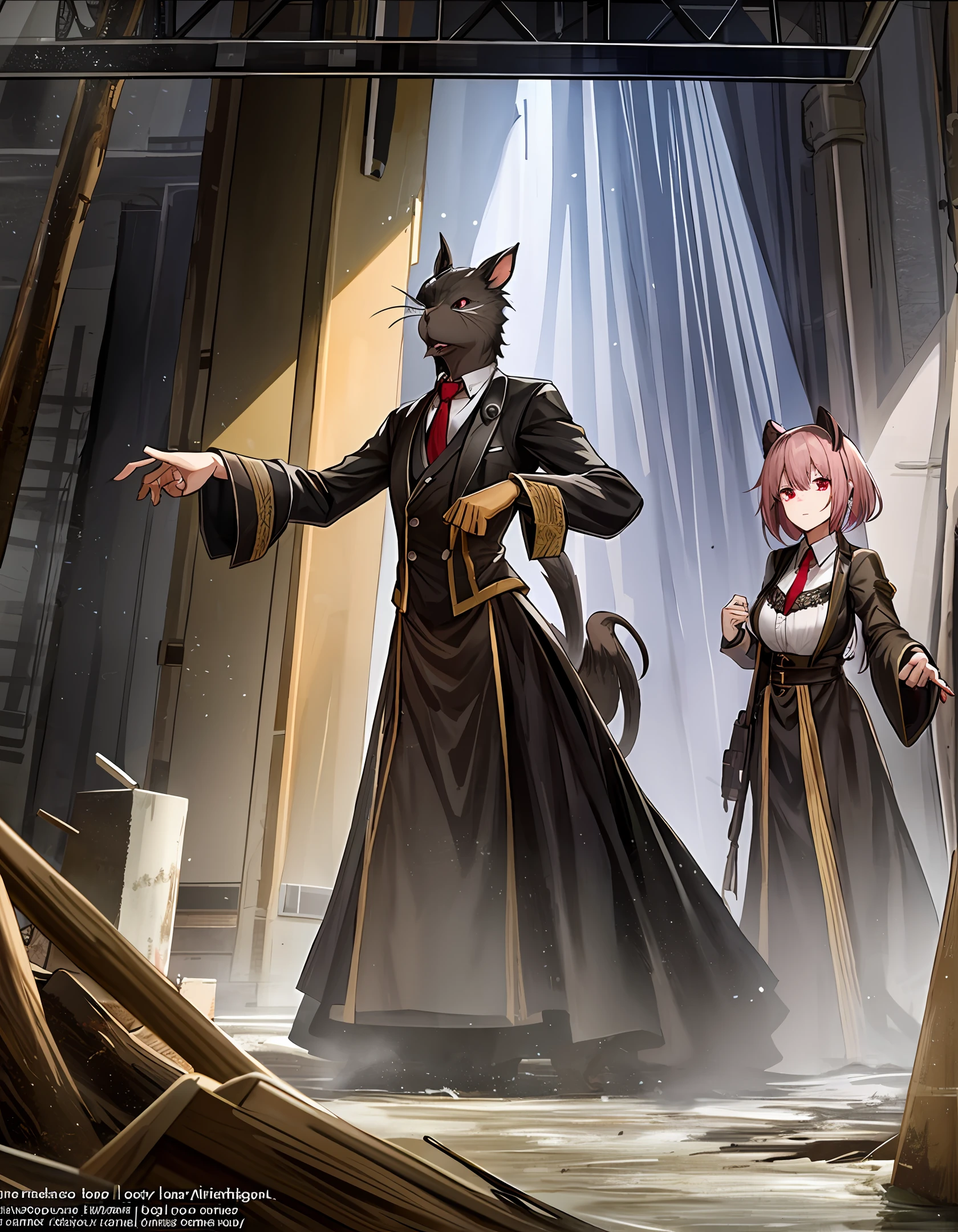 The scene takes place in a maze of dark, dirty tunnels, where puddled water and rotting pipes exude a strong foul odor. In the center of the sewer, a group of animals gather to play and drink, not caring about the dirt that surrounds them. There are rats wearing tuxedos, cockroaches in long dresses, bow ties, all dancing to the sound of a blind rat playing a makeshift piano with remnants of pipes and metal pieces. An atmosphere of decay and dirt surrounds the place, but the animals seem to be having fun. The contrast between the elegance of the costumes and the dirt of the environment is striking. Some rays of light enter through the ventilation ducts, illuminating dust and debris suspended in the air, creating a surreal effect.