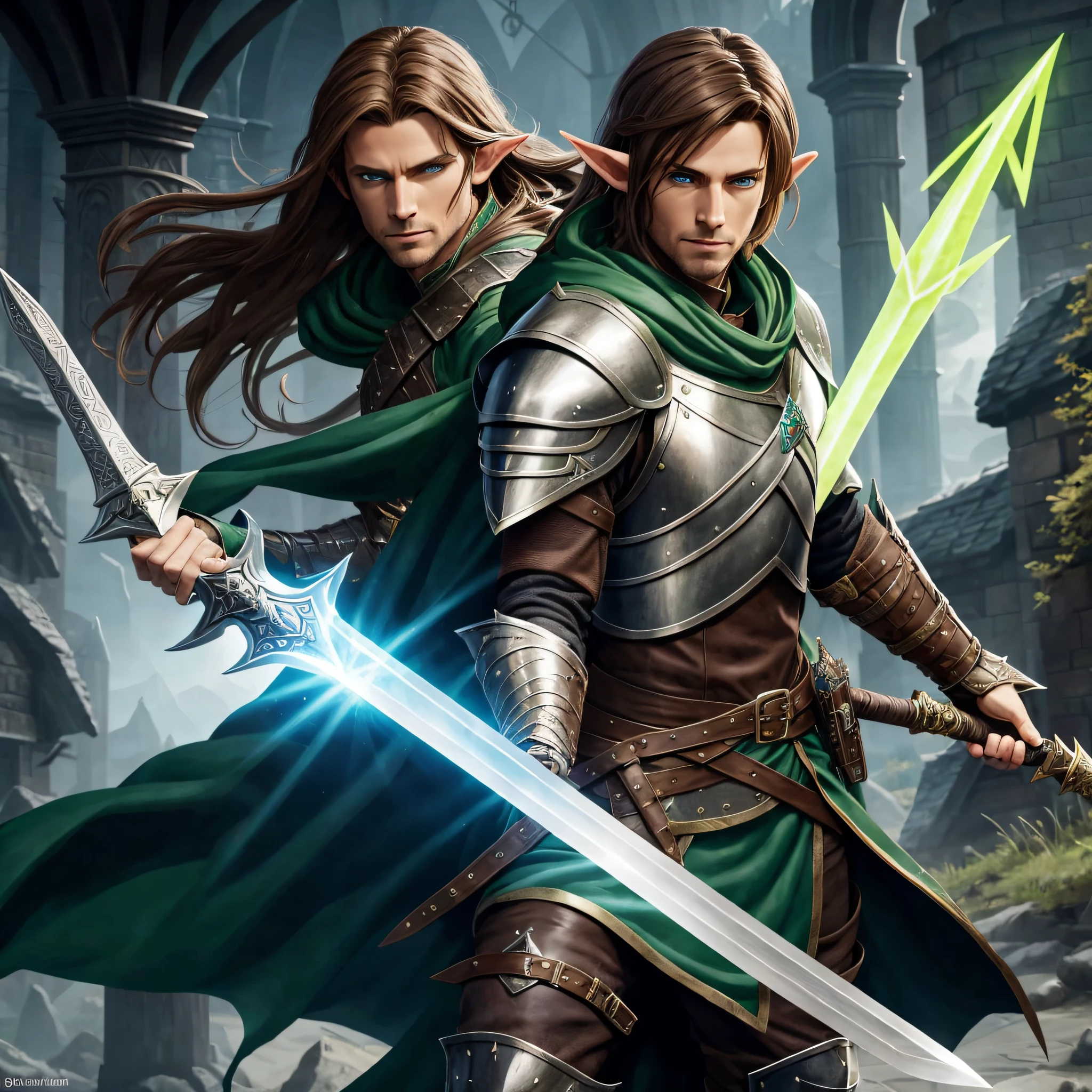 portrait of a full body, half elf, wearing leather armor, hd 4k, green cloak, dragon lance setting, dnd, bladesinger, shoulder length brown hair, brown stubble, blue eyes, holding a short sword in fantasy urban setting, casting a spell, epic fantasy style art 4k, epic fantasy style art ,4k