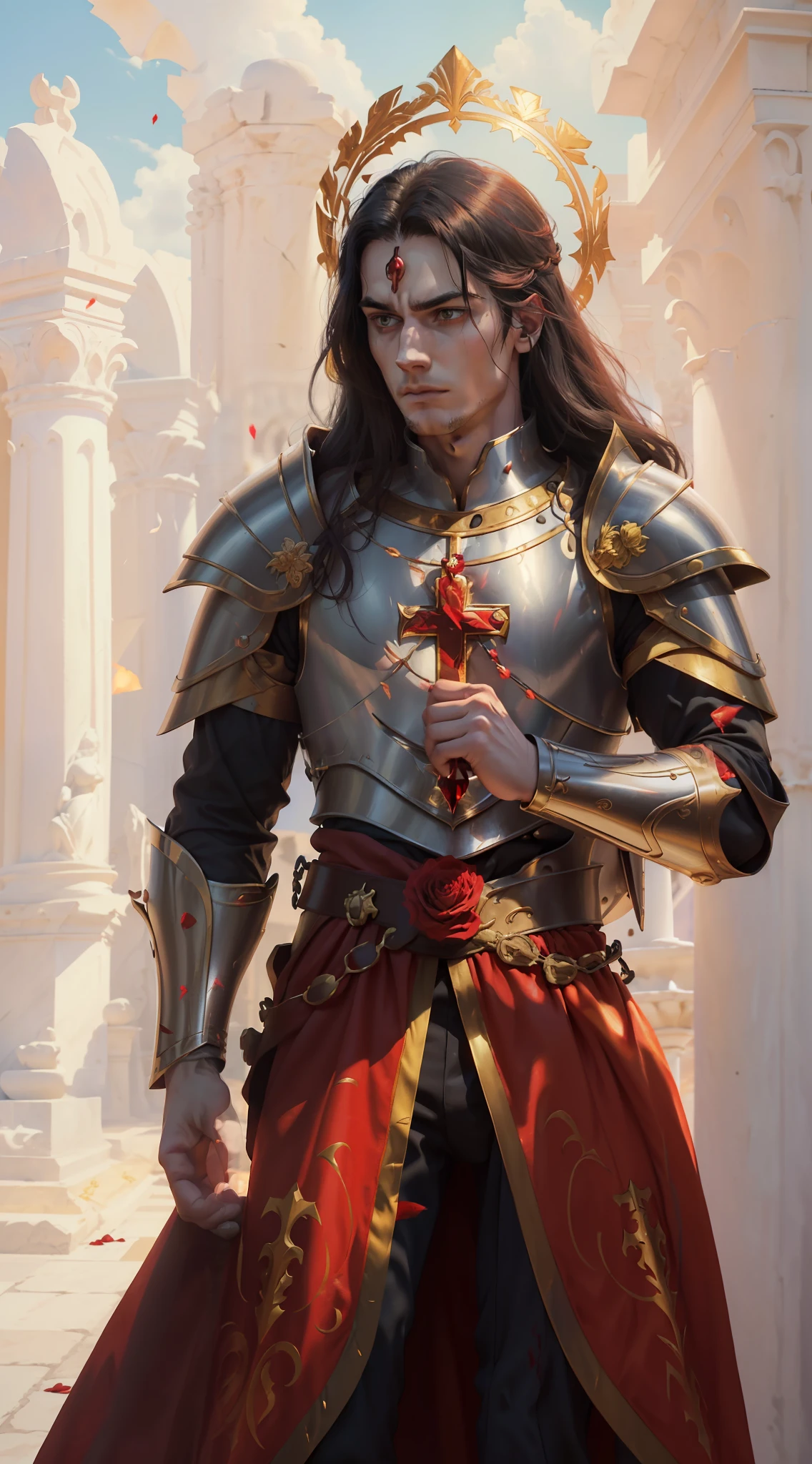A young man, (((solo))), (25 years old, pale skin, tall, pale skin, round face, square jaw, serene look, completely red eyes, long black hair with bangs: 1.50, thick eyebrow, straight face), (he has a small red jewel in the middle of his forehead: 1.30) (he is a holy paladin, wears a costume of noble red and white long fabric, with golden plate armor, halo), (he is bleeding, with his fist on his chest beating continence, with a rosary in hand, in an ancient city, with white marble structures, with a rose garden in the background, blue sky, closeup, medieval fantasy), (he conjures a red energy around him)