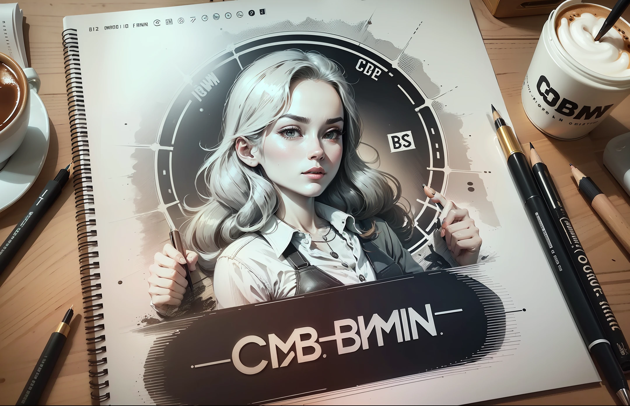 make the junction of the letters "CBM", a logo drawing style, handmade pencil stroke, fine lines, retro style, old photo filter, high quality, coffee beans in the details --auto --s2