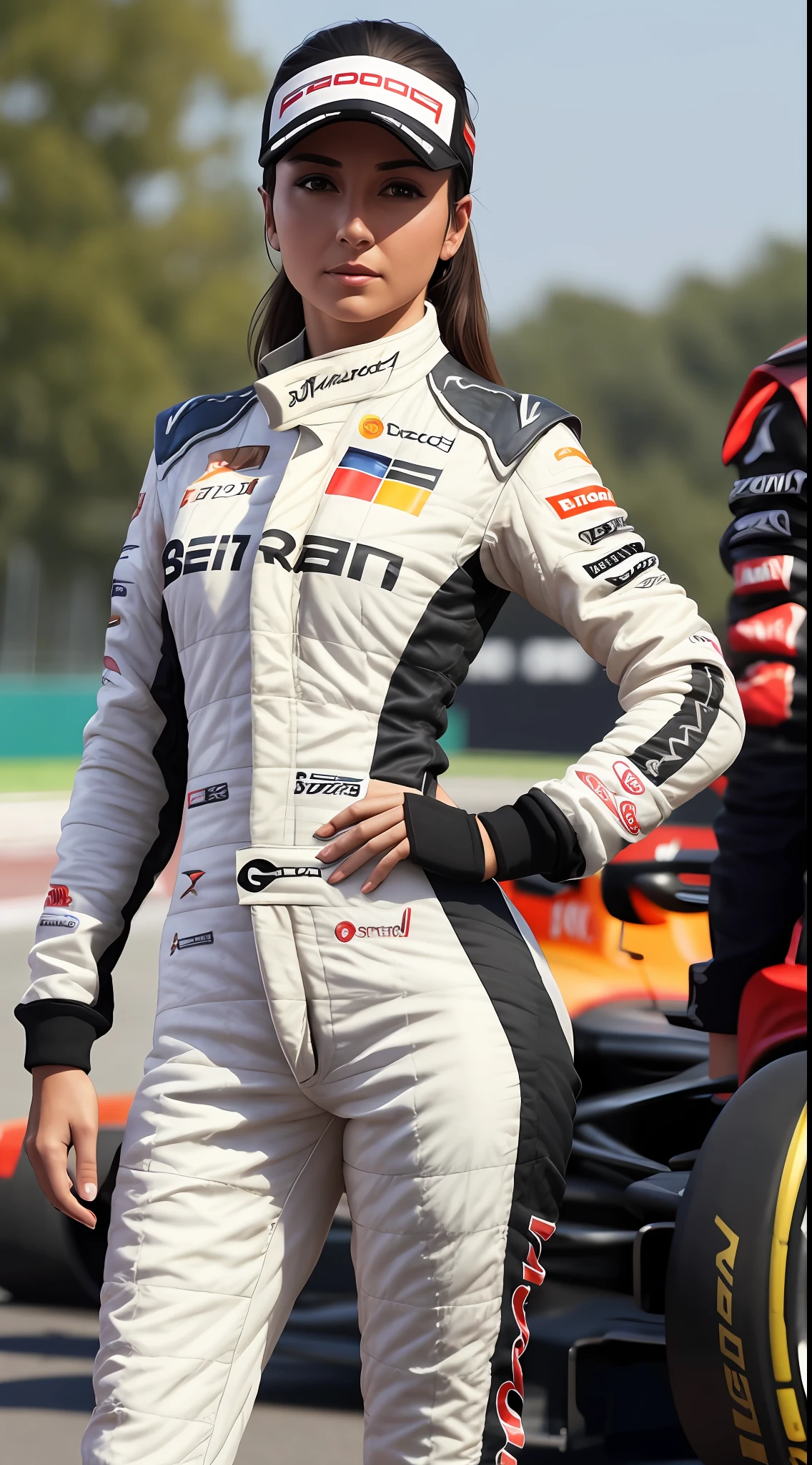 A full-body woman masterpiece as an F1 driver, in suit at the pit-stop looking at the viewer, realistic high image, high resolution,4k --auto --s2