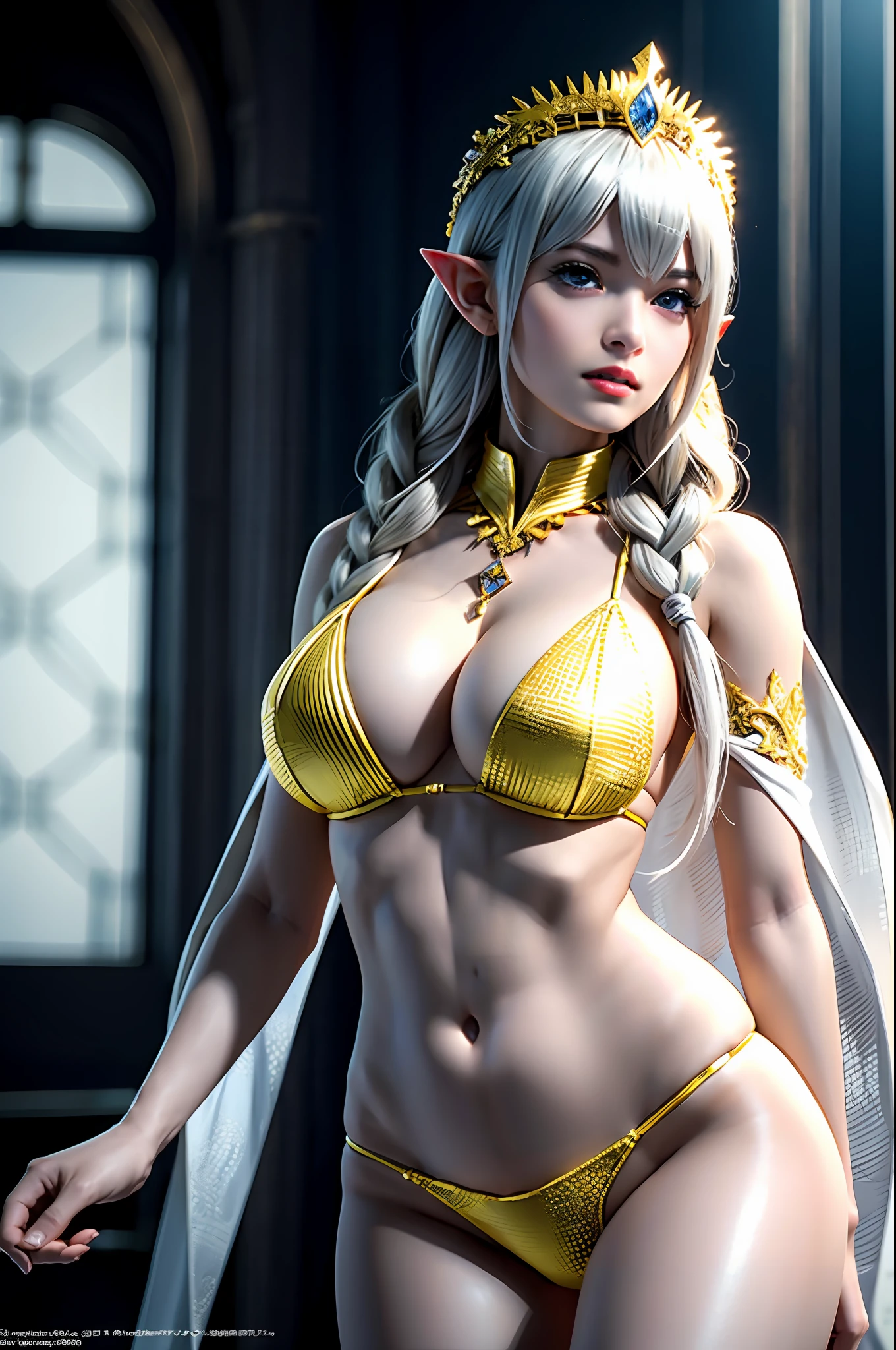 Ultra-detailed complex 3D rendering of face, (Colossal: 8.8), (masterpiece, top quality, octane rendering, 8K), glamour shot full body image, very beautiful young elf, with detailed and beautiful magic wand, cleavage, (highly detailed skin: 1.2), (exposure: 1.1), blonde, beautiful Caucasian woman with full soft breasts and white skin, one, yellow micro bikini, Long braided hair, big breasts, dynamic angles, mystical expressions, ultra-realistic photos, wearing intricate super armor of gold and silver, (portrait))), wearing an intricate silver cape, bare feet, futuristic city background, facial muscles, detailed and beautiful queen crown, in the style of Marvel Comics, ArtStation trends, clear focus, studio photography, Intricate Detail, Very Detailed, Detailed Red Eyes, Very Detailed, Sharp Focus, Digital Rendering, Professional-Abs