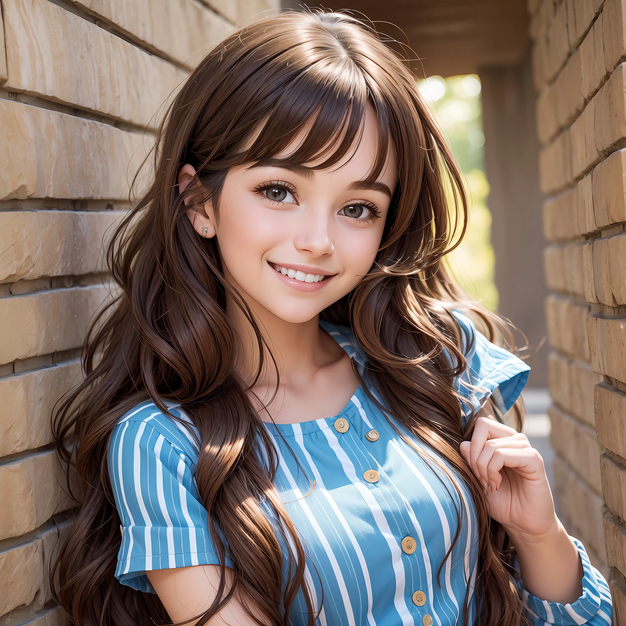 smiling woman with long brown hair and blue and white striped shirt, a picture by Juan O'Gorman, shutterstock, naive art, smiling young woman, cute young woman, photo of young woman, attractive brown hair woman, portrait of happy a young woman, beautiful and smiling, attractive young woman, girl with brown hair, long wavy brunette hair --auto --s2