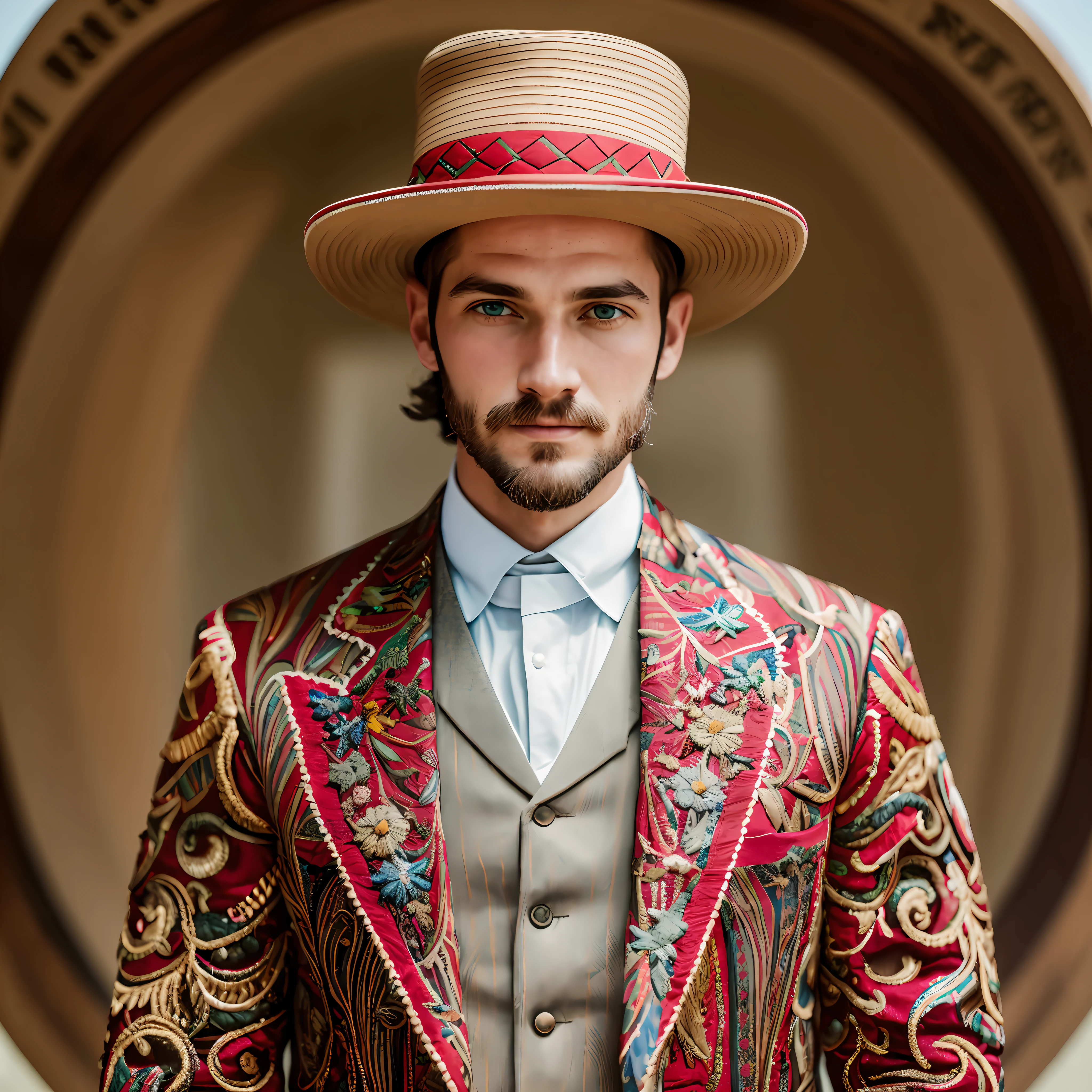 aSA Griggs Candler, man, in embroidered coke suit, with a hat, half body, front, with piercing eyes, detailed face, high details, natural light, Nikon D850, 50mm, f/1.4 --auto --s2