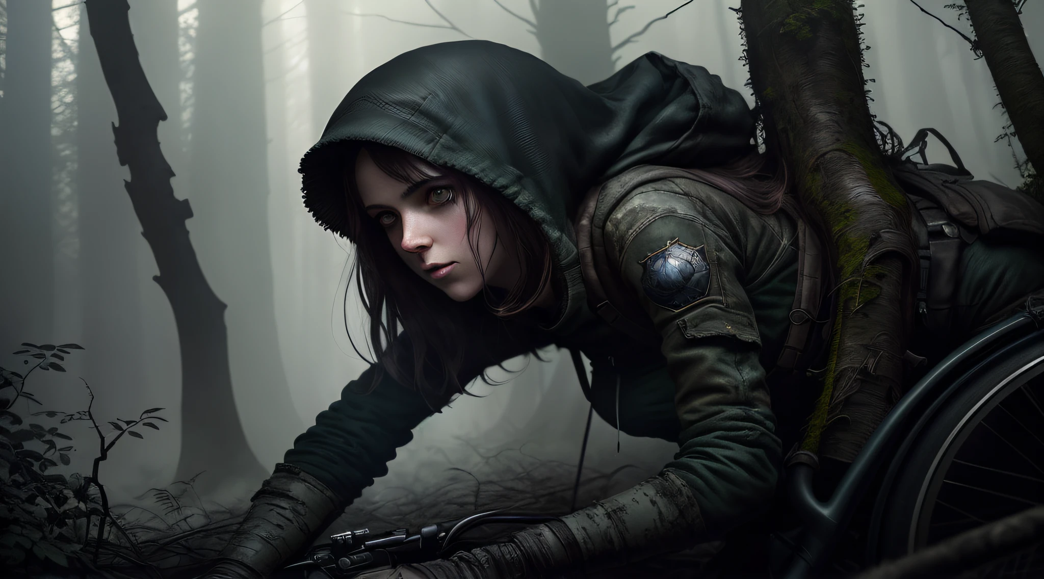 there is a woman in a hoodie riding a bike in the woods, dark fantasy style art, dark fantasy art, photorealistic dark concept art, tom bagshaw weta studio, dark fantasy illustration, wojtek fus, in style of dark fantasy art, dark fantasy artwork, dark natasha, yuri shwedoff and tom bagshaw, artgerm and tom bagshaw