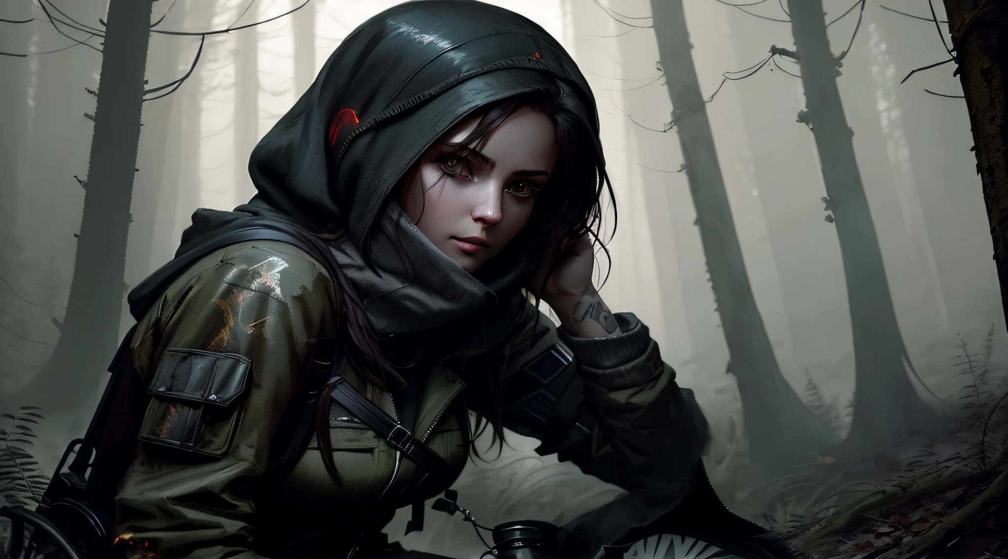 there is a woman in a hoodie sitting in the woods, wojtek fus, photorealistic dark concept art, dark cinematic concept art, stefan koidl inspired, artwork in the style of guweiz, dark natasha, dark concept art, eerie nostalgic concept art, highly realistic concept art, artgerm craig mullins, tom bagshaw weta studio