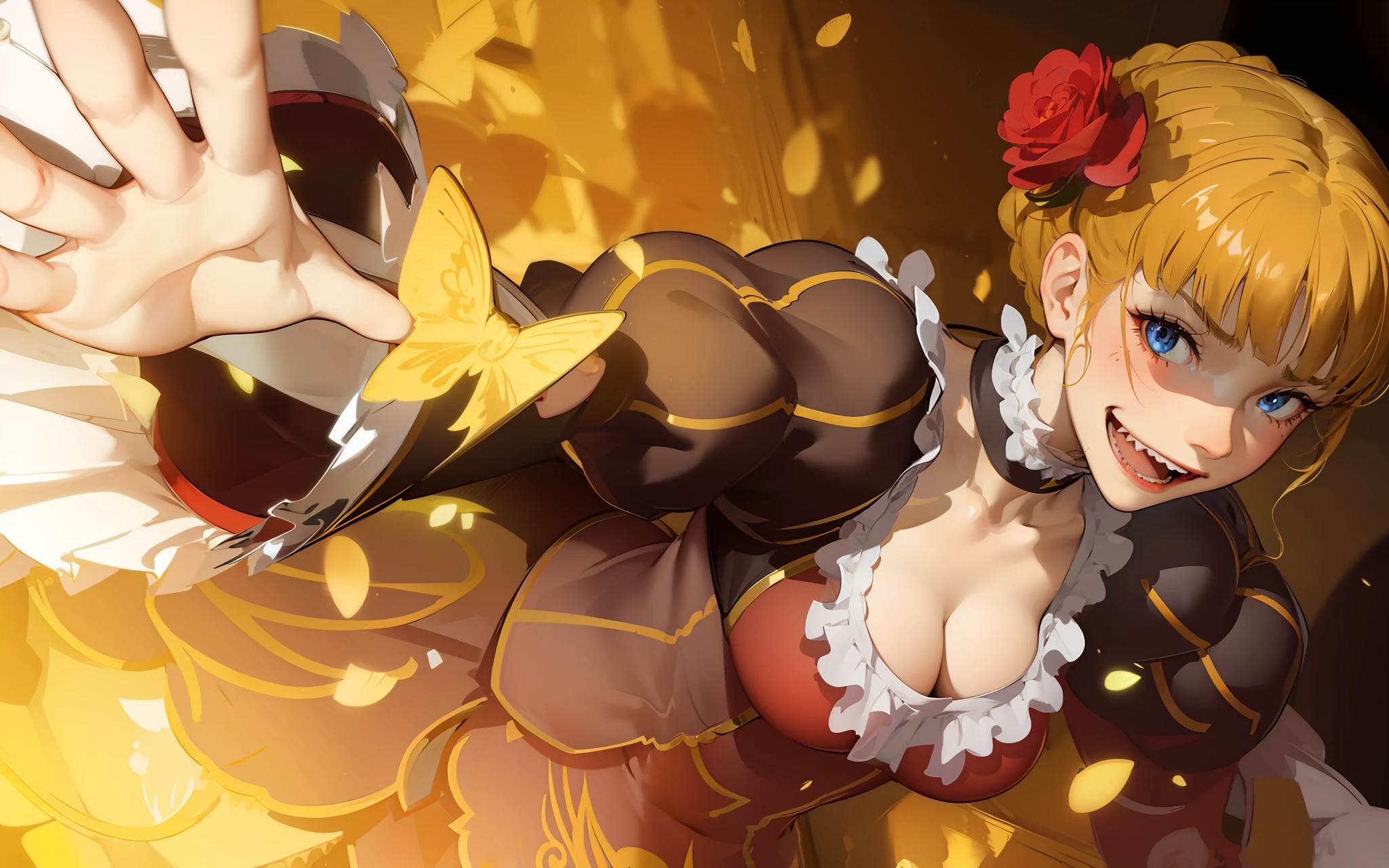 Best quality, ultra-high resolution, detailed faces, realistic faces, 
(HDR:1.4), dramatic, complex background,
Crazy details, intricate details, hyper details, soft cinematic light, exposure blending, HDR, beatrice (umineko), bad laugh, crazy laugh, glowing blue eyes, blushing, showing fangs, gritting teeth, gloomy face, lewd expression.