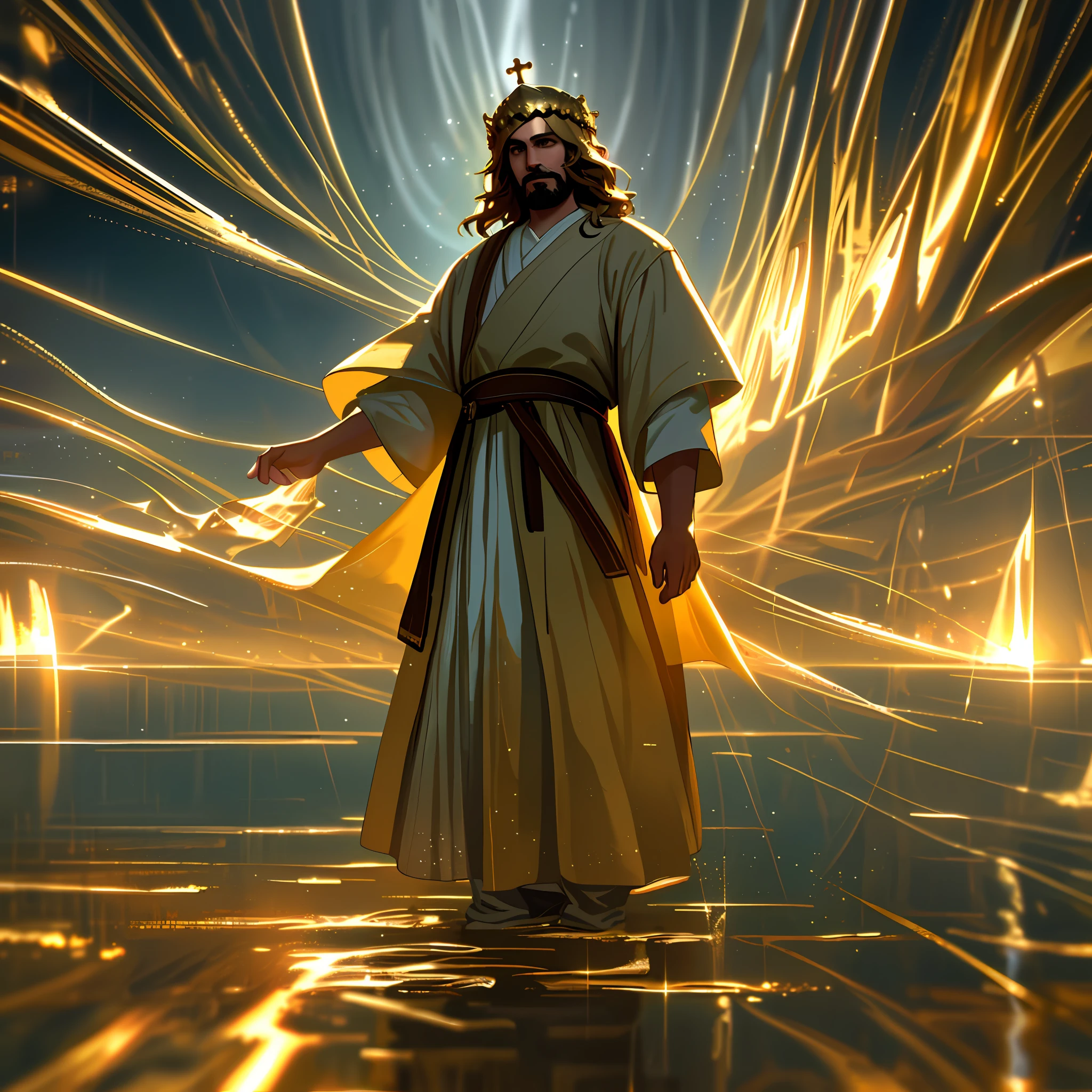 jesus walking on water in the middle of a storm, ((Jesus wearing a golden crown)), camera view from bottom to top, masterpiece, best quality, high quality, 8k wallpaper of extremely detailed CG unit, award-winning photography, Bokeh, Depth of Field, HDR, bloom, chromatic aberration, photorealistic, extremely detailed, trend in artstation, trend in CGsociety, intricate, high detail, dramatic, art in the middle of the journey, (( cinematic lighting))