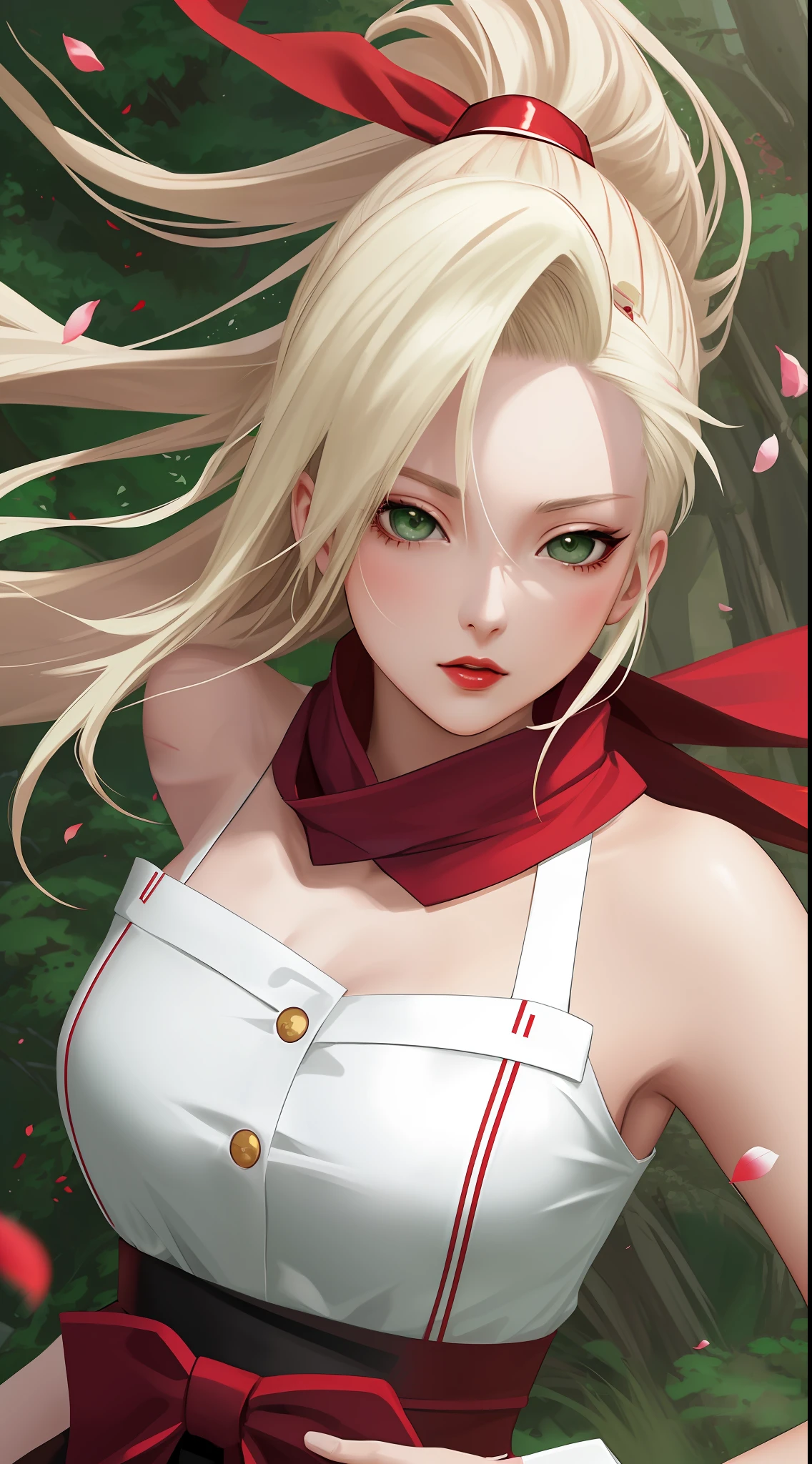 (extremely detailed, best quality,masterpiece) portrait of Yamanaka Ino,(1girl),beautiful face, green eyes, blonde hair with purple hairpin, wavy hairstyle, heroic expression,red lipstick, white open-shoulder top with red scarf, (forest background, depth of field,volumetric light), (floating, petals, wind, leaves, grasslands),highly detailed and realistic, with emphasis on Ino's elegance and charm.