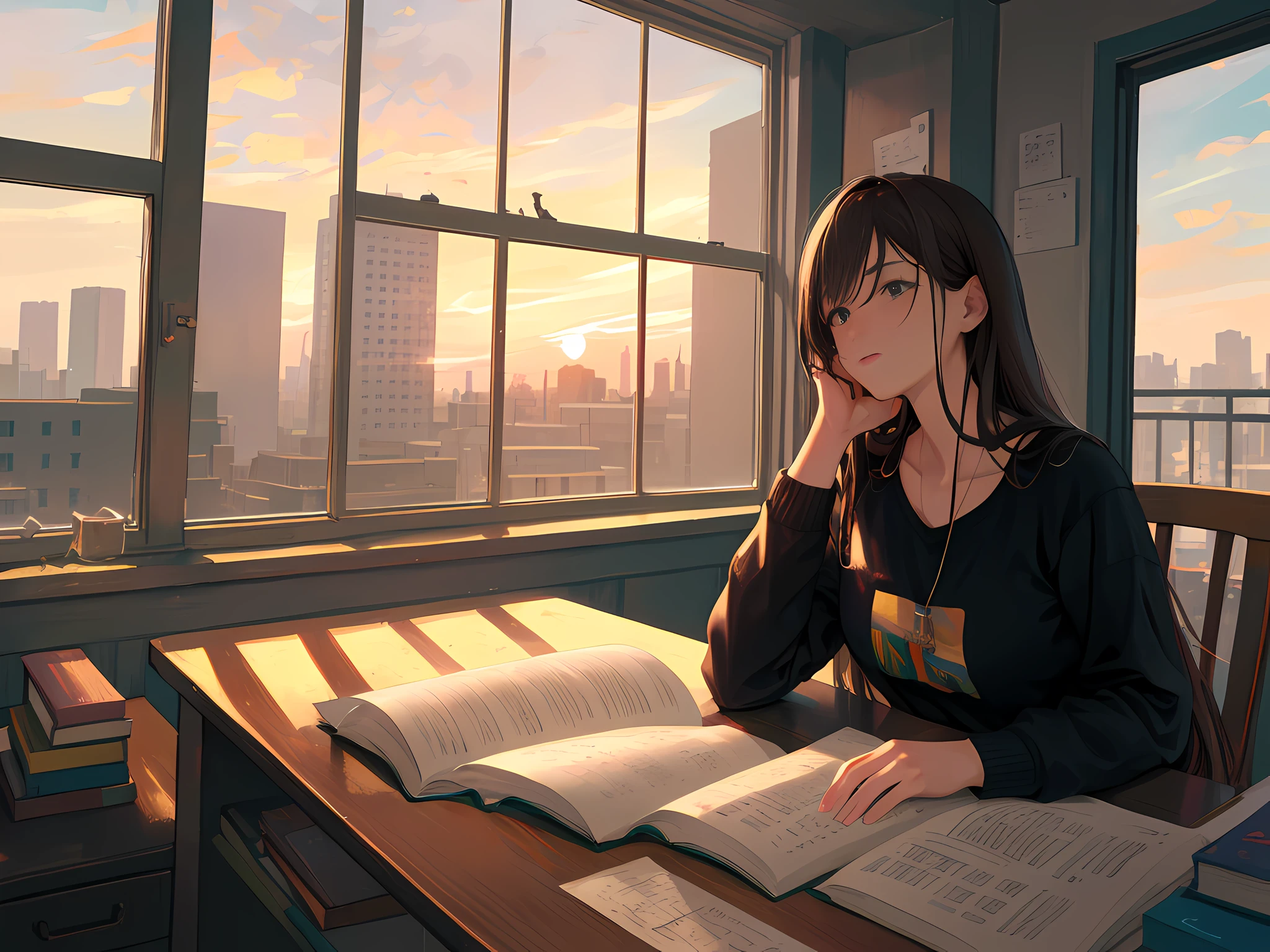 POV, top, illustration, masterpiece, best quality, illustration, wallpaper, pov, (realistic: 1.5), photorealistic, octane rendering, hyperrealistic, best quality, (8k), (4k), very long hair, (masterpiece), (best quality), fantasy, extremely detailed, complex, hyper-detailed, (perfect face), soft lighting (extremely complex lighting: 1.4) indoors, comfortable, cozy, window, chair, sunset, desk, books on the table, 18:00, cityscapes outside the window, writer, books, work with books, a lot of books on the table, writing with a pen, 1girl, solo, age: 30, solo, thick hair, straight hair, brown hair black shirt, long sleeves