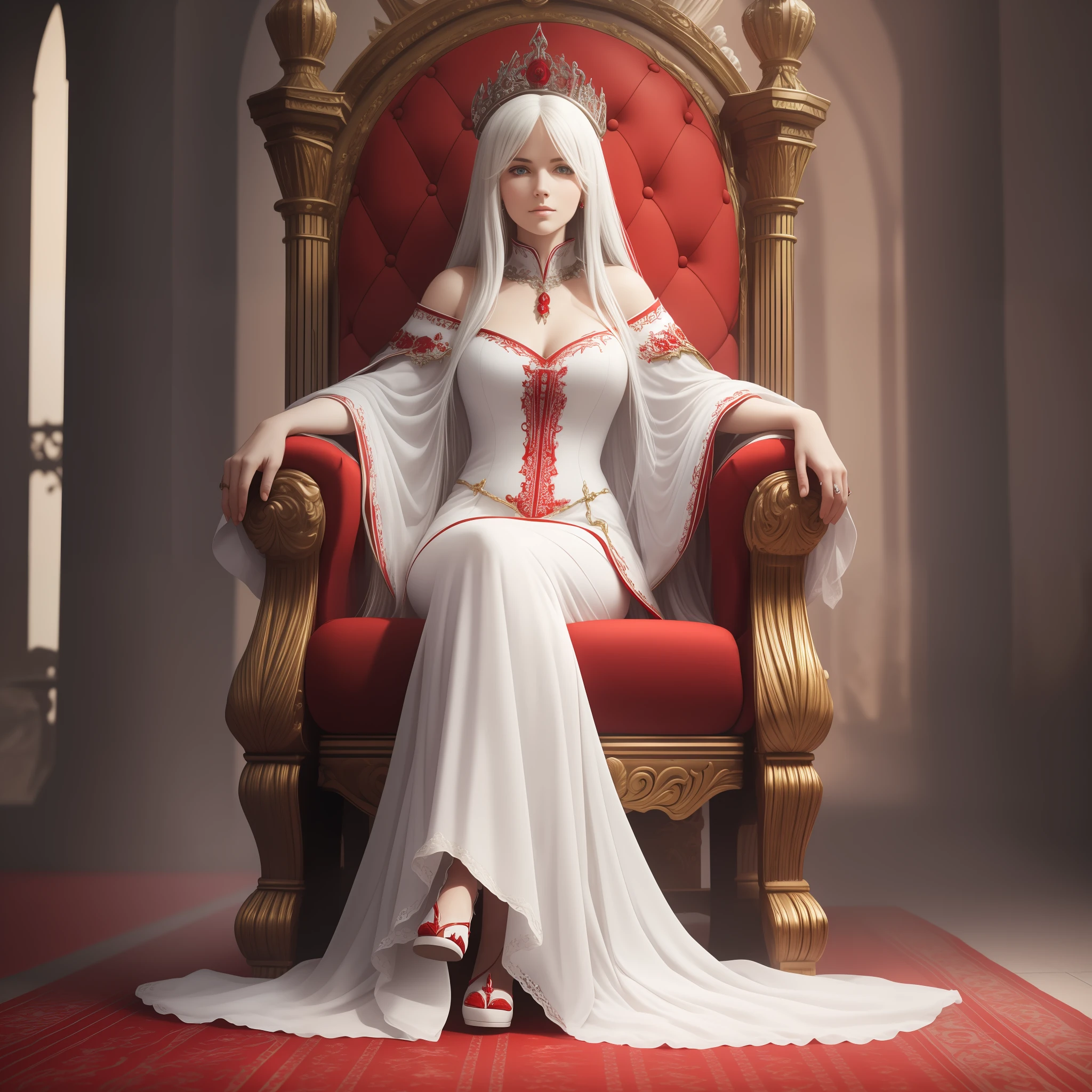 (8k, RAW photo, best quality, masterpiece: 1.2), (realistic, photorealistic: 1.37), white-haired woman is sitting on a throne. Throne made of this, short dress and blood red, with white details.