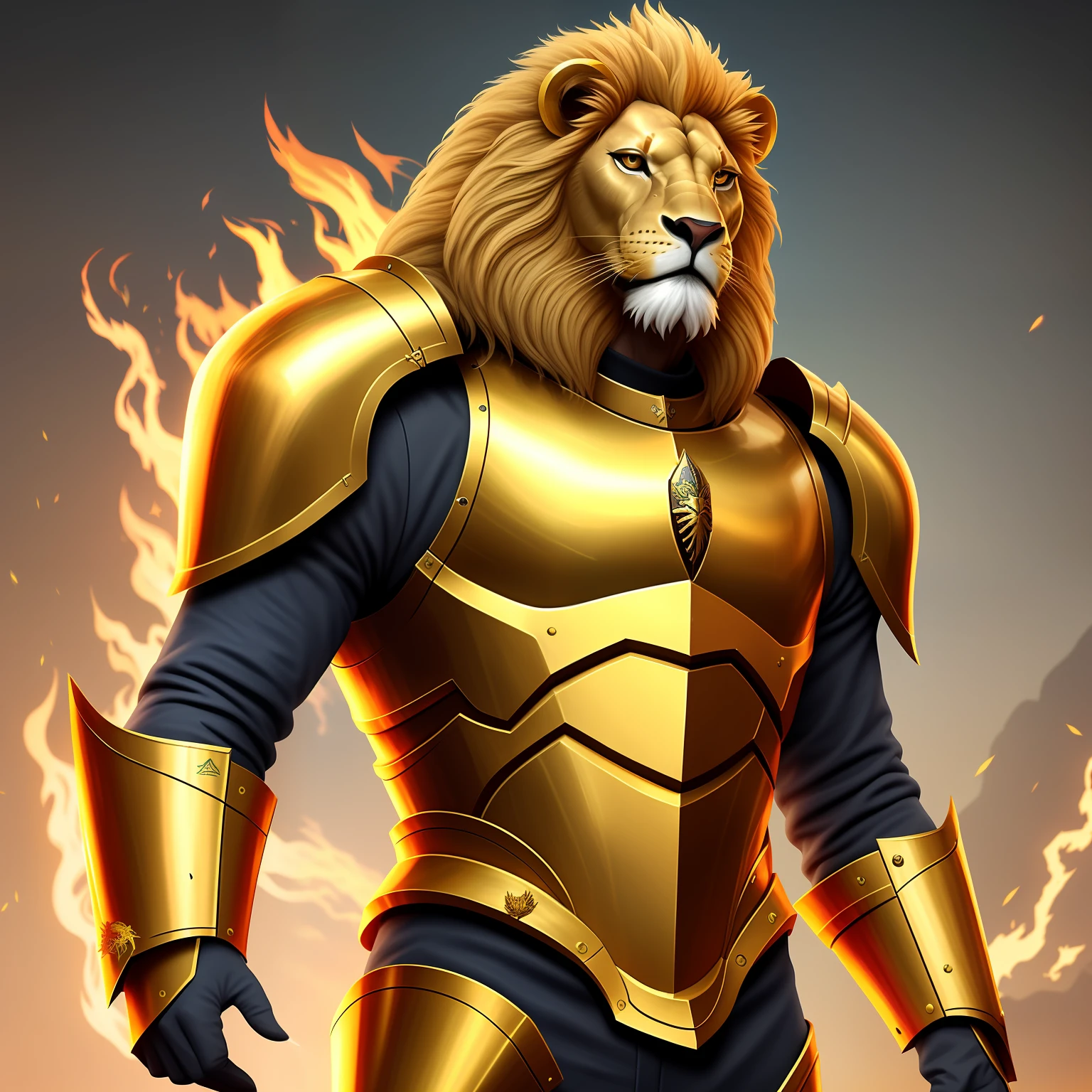 Create a character of the knights of the zodiacs, with the futuristic lion armor, the character is with a golden of fire energy. The character can't be a lion, his armor has to be a Zodiac lion.