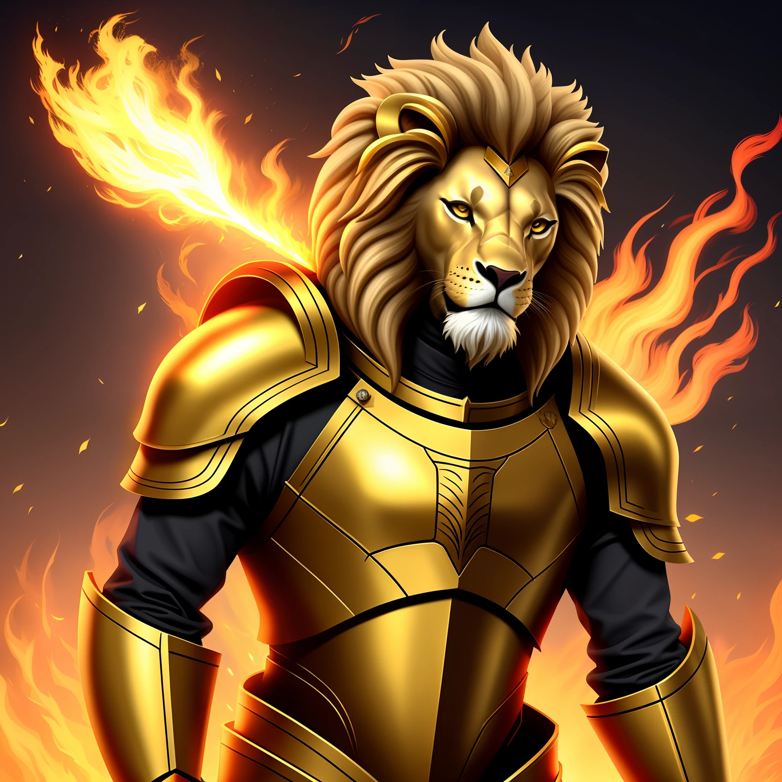Create a character of the knights of the zodiacs, with the futuristic lion armor, the character is with a golden of fire energy. The character can't be a lion, his armor has to be a Zodiac lion.