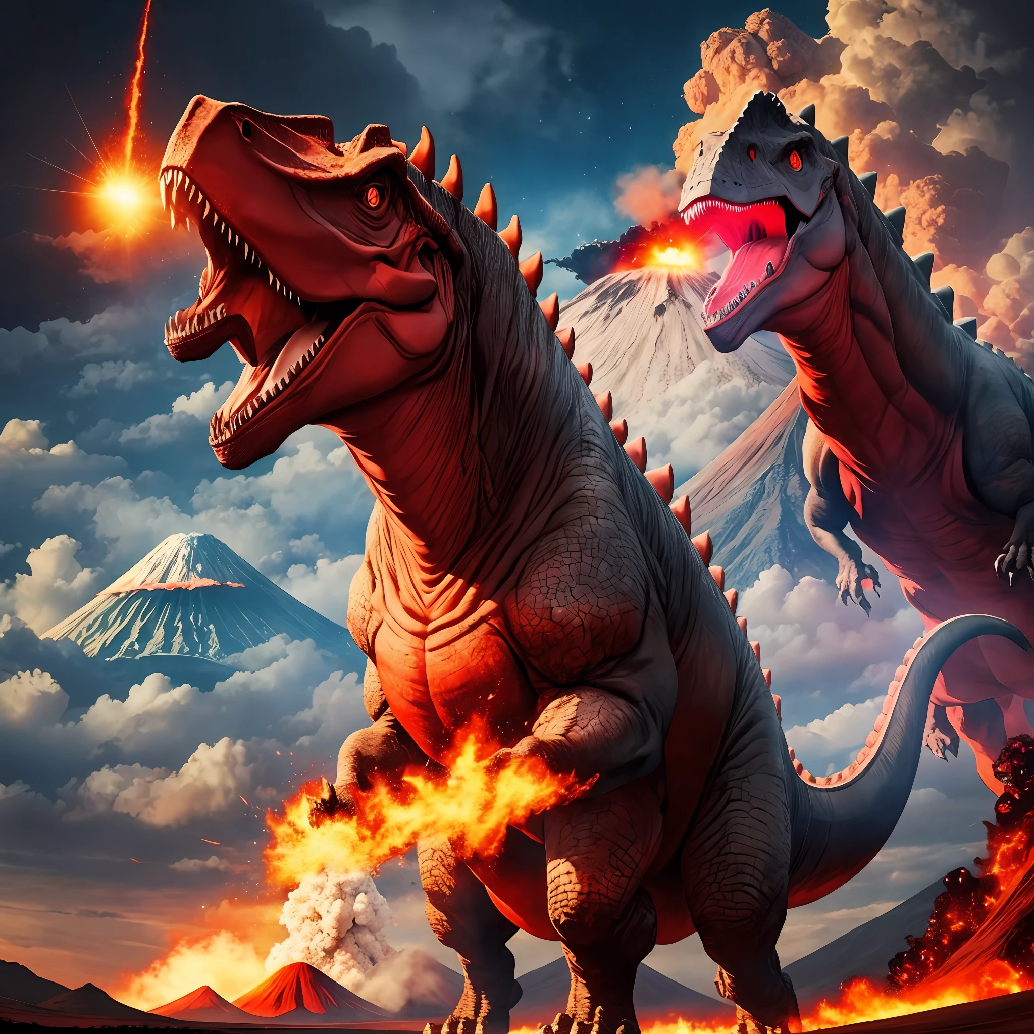 A giant rex dinosaur with a furious and menacing face with red gray skin. Next to a volcano erupting. And in the sky a comet falling red. 4k --auto --s2