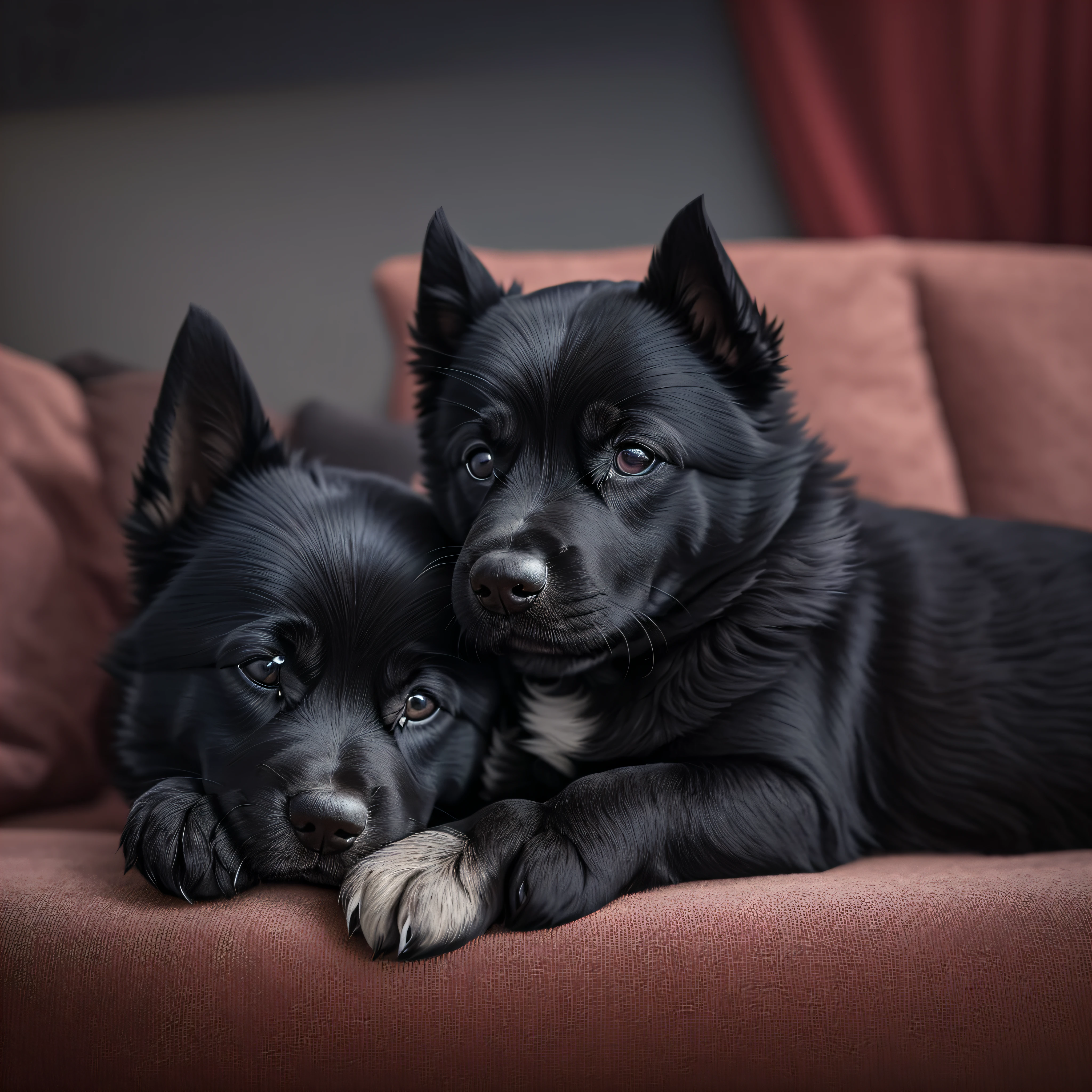 pequna cahorrinha sleeping on a sofa, beautiful black dog, short hair, friendly puppy, stray puppy, dog without defined race, black short-haired puppy, small dog, red sofa, picture in a room --auto --s2