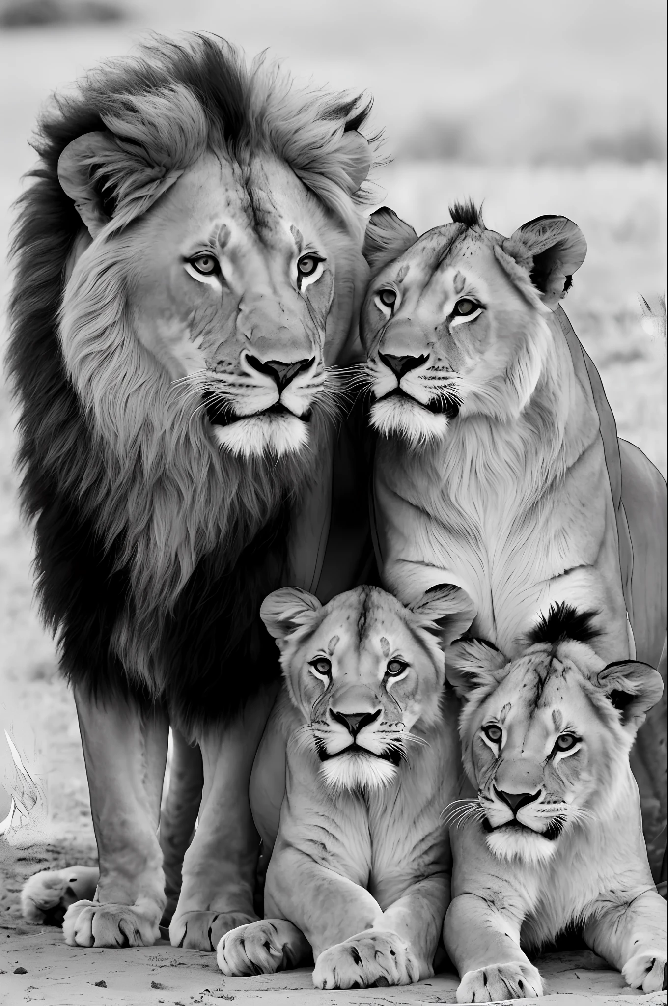 B&w photograph, Family of lions, lioness, cubs, with (((Black background)))), dark night