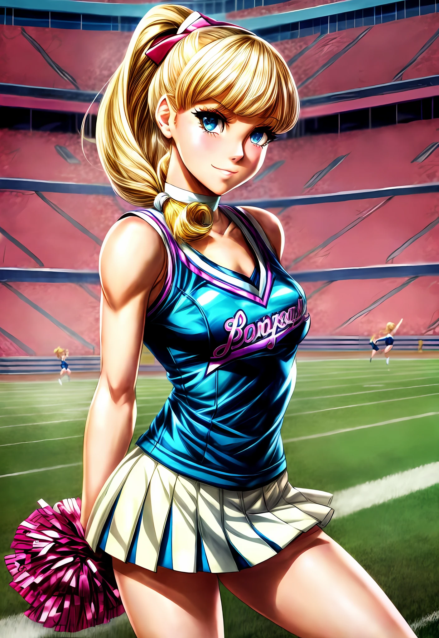 cheerleader girl with blond ponytail, cute feminine features, Gwen Stacy, makeup, delicate details, football field, athletic pose, sports game, (art by Naoko Takeuchi and Bruce Timm and Persona 4:1.1), 3ds graphics, cel shaded, retro