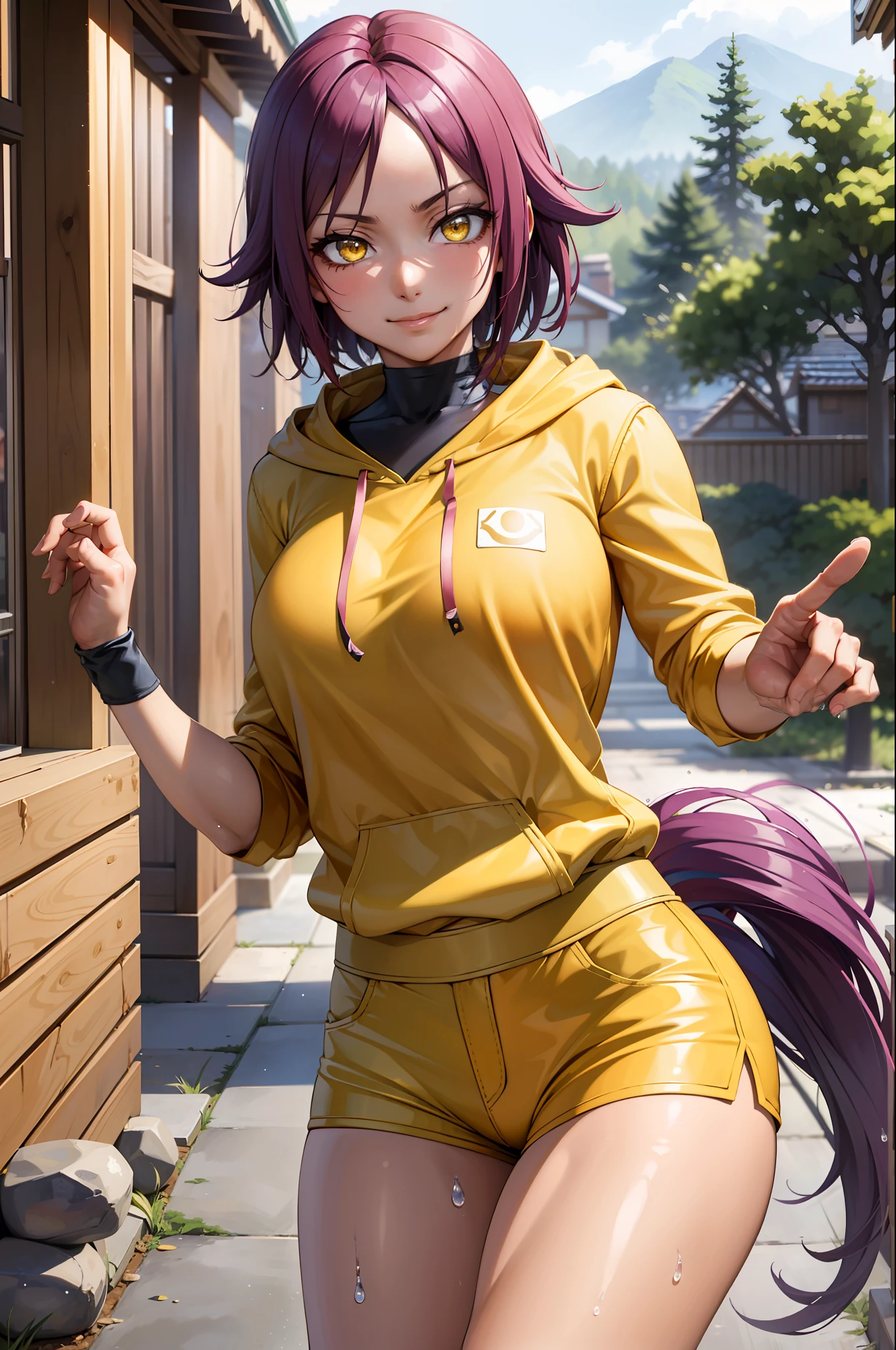 (Masterpiece, Best Quality:1.2), Solo, 1girl, Shihouin Yoruichi, Smirk, Looking at the Viewer, Tail, Realistic Eyes, Best Quality, Closed Mouth, Beautiful Lighting, Cinematic, 8K, Facial, Wet Face, Liner, Wooden Walls, Big Tits, Yellow Hoodie, Short Shorts, Wide Thighs, Yellow Eyes, Erotica