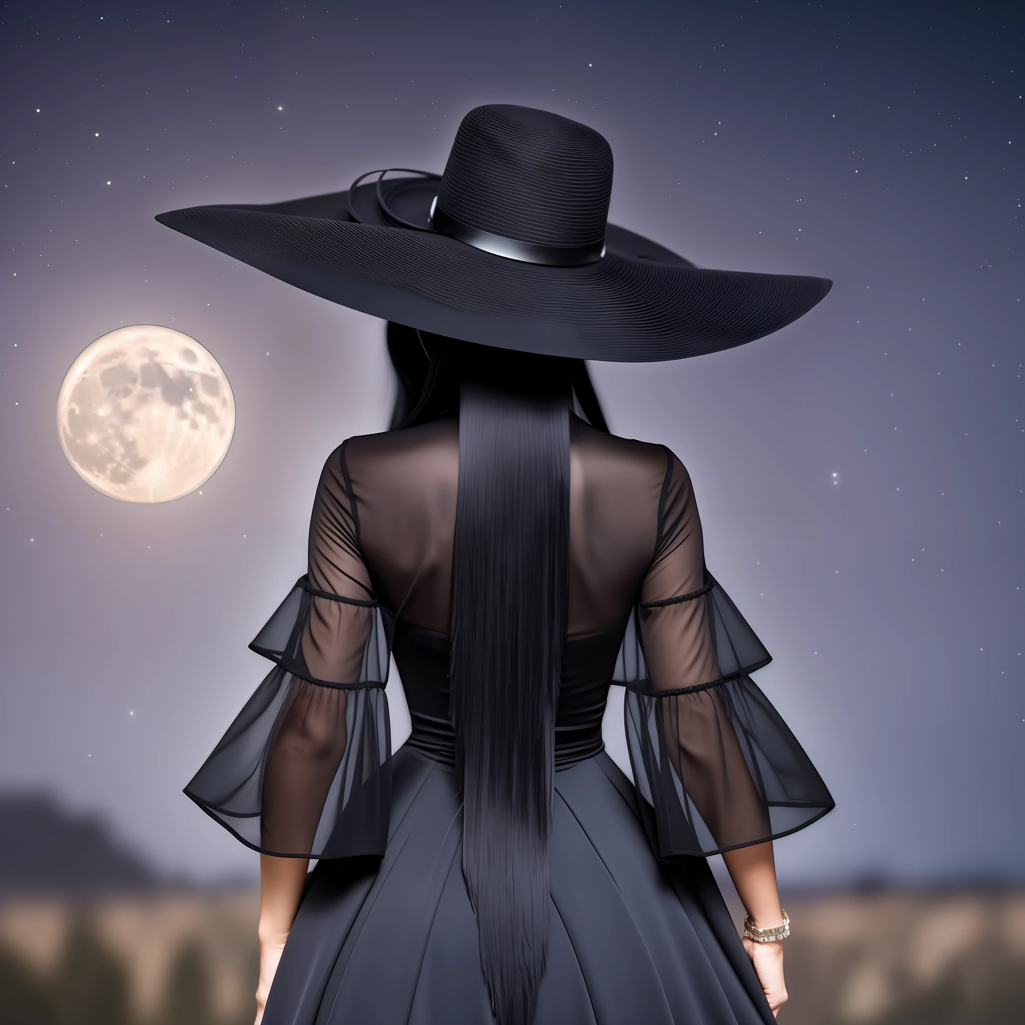 black hair, black hair, long hair, black hat, Lady of the Night, Black dress, Long dress, discreet dress, Moonlight, Moon, Night, Lady, Mysterious woman, Mystery, Beautiful woman, Seductive woman, Back turning, Surrealism, 8k, super detail, high quality, best quality, HD --auto --s2
