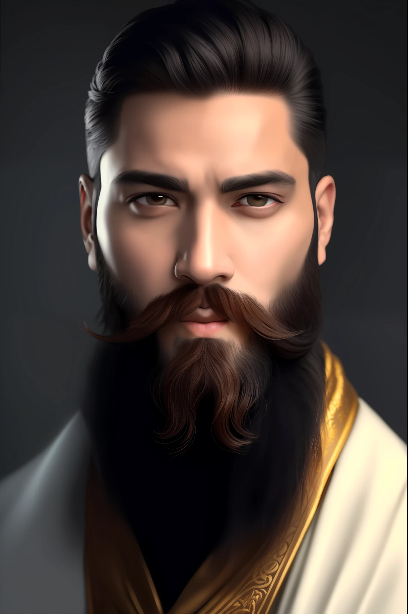 Arafed man with a beard and a golden robe, beautiful stunning realistic, male portrait, handsome bearded man, black eyes, beautiful detailed face, highly detailed thick beard, realistic digital painting, epic portrait illustration, ultra realistic digital painting, light beard arab man, stunning digital painting, ultra detail. digital painting, realistic detailed face portrait, beautiful male face, realistic digital illustration