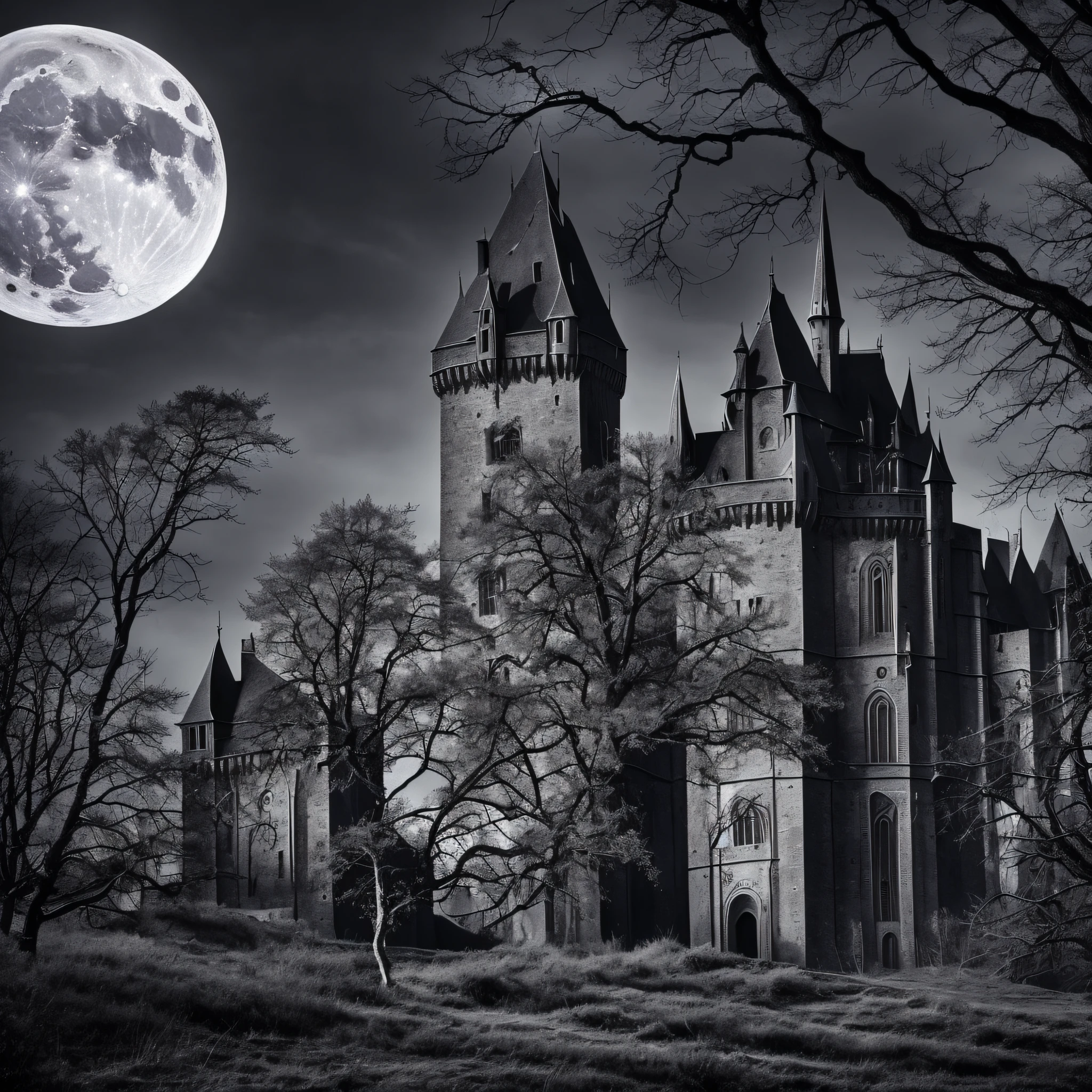 Night falls on a dark and mysterious scene. An imposing castle emerges from the shadows, its sinister towers towering against the dark sky. The full moon shines brightly, casting a pale light over the landscape. In the castle courtyard, twisted, leafless trees whisper in the wind, creating an even scarier environment, high details, high details, anatomically correct, 4K, best quality --auto --s2