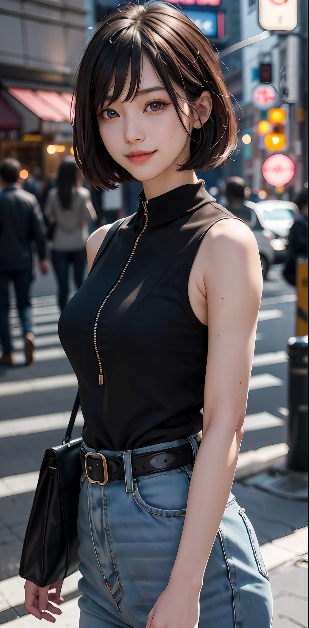 Masterpiece, 1 Beautiful Girl, Detailed Eyes, Swollen Eyes, Best Quality, Ultra High Resolution, (Reality: 1.4), Original Photo, 1Girl, Cinematic Lighting, Smiling, Japanese, Asian Beauty, Korean, Clean, Super Beautiful, Beautiful Skin, Slender, Cyberpunk Background, (Ultra Realistic ), (high resolution), (8K), (very detailed), (best illustration), (beautifully detailed eyes), (super detailed), (wallpaper), (detailed face), viewer looking, fine details, detailed face, pureerosfaceace_v1, smiling, 46 point slanted bangs, looking straight ahead, neat clothes, dark colored eyes, sleeveless, body facing front, short hair, brown hair,