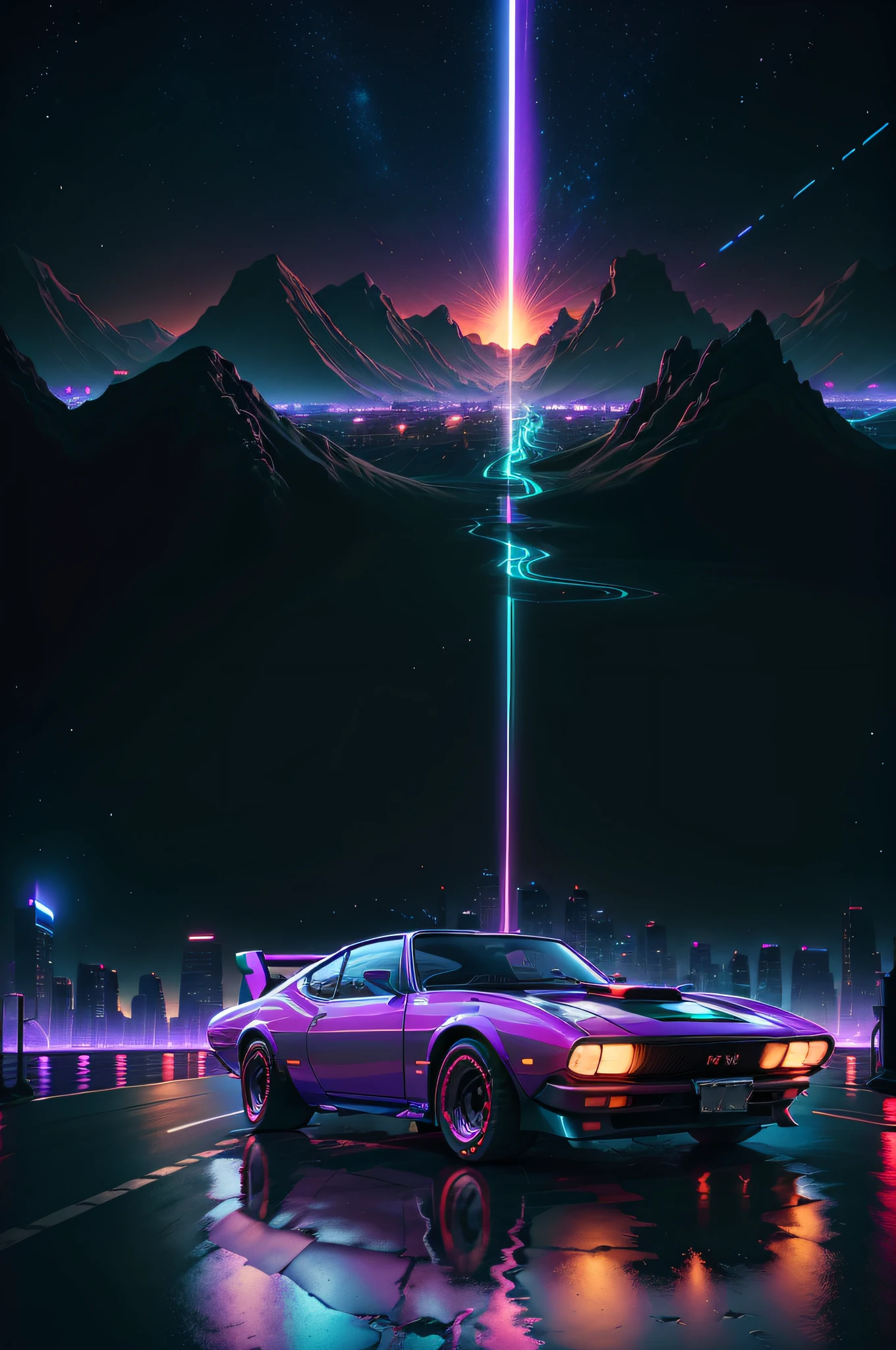 retrowave. city, 1969 Nissan S30, wide body kit, road, purple neon lights, sun, mountain, 
(masterpiece, detailed, highres), screen resolution 1366 x 768