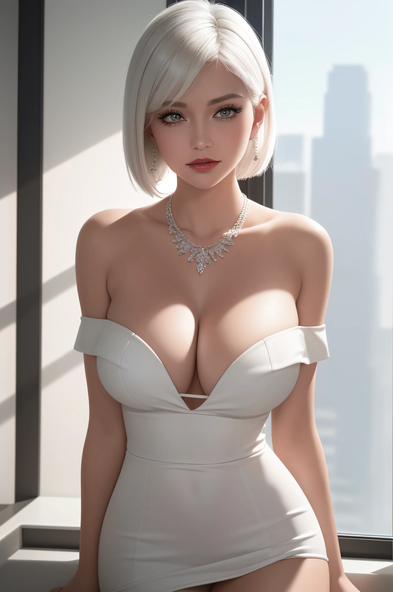 standing inside a office, Horny, necklace, earrings, full body, short white hair, uniform off shoulder, cleavage, superb, ultra-high-definition, RAW photo, realism: 1.25), (bright lip gloss, long eyelashes, smooth face, bright skin, natural shadows, wide light, wide light, depth of field, strong colors, subtle caustics: 0.8), (big tits), v6