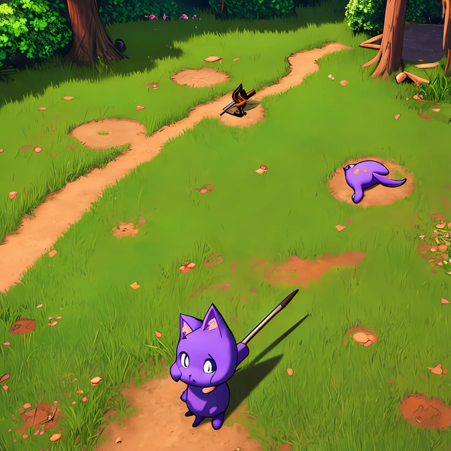 Purple cat, two tails, holding a scythe, cute, green forest, videogame style