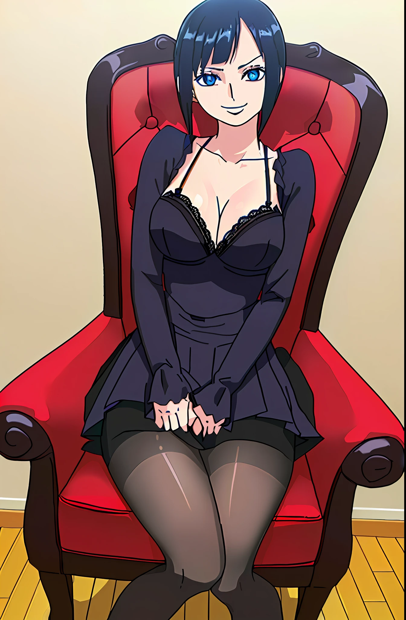 Russian girl, around 27 years old, gothic, emo, black hair, social clothes, neckline, lace bra, sensual look, blue eyes, short skirt, pantyhose, sitting in armchair, thin, big breasts, smiling lightly