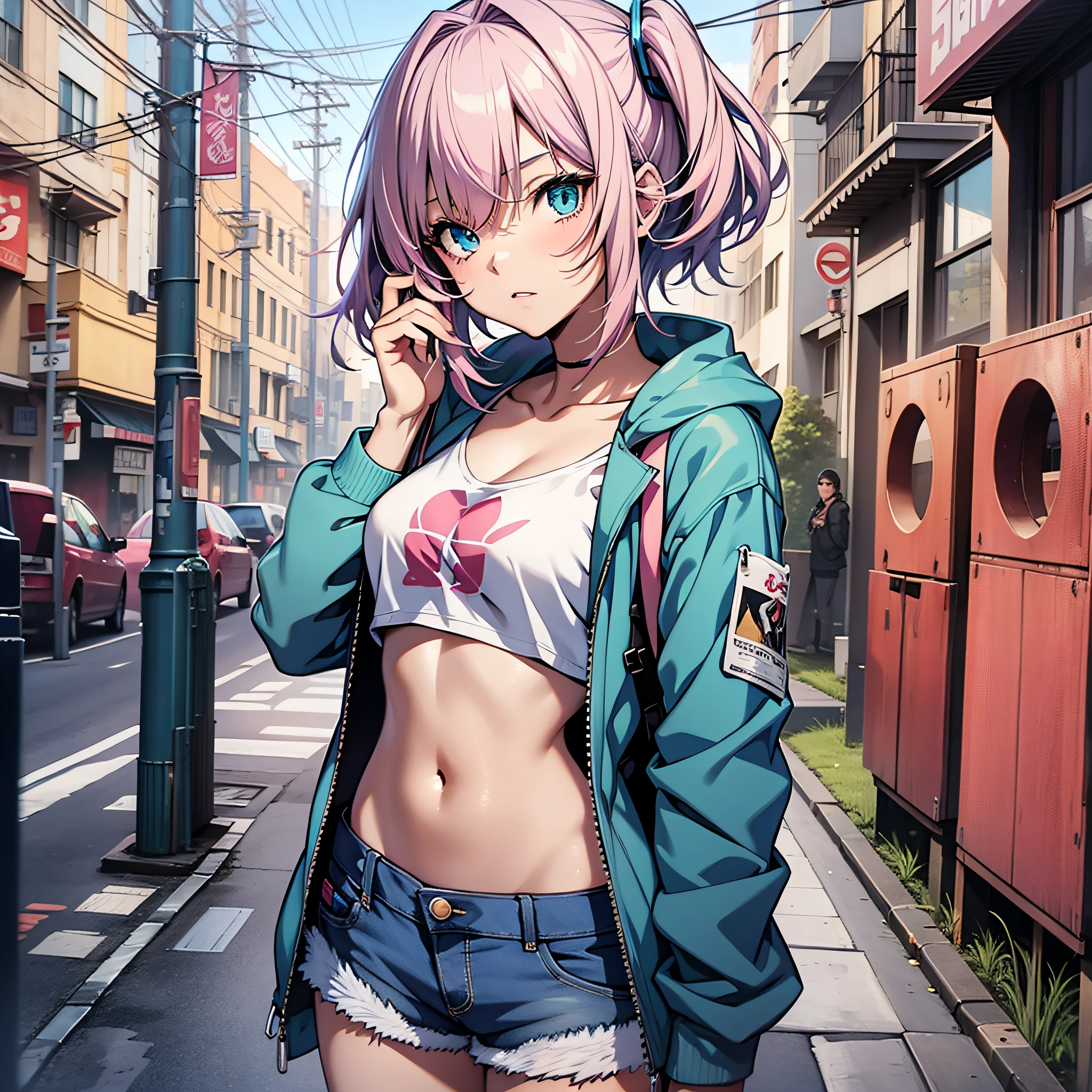 anime, anime style, young girl, 18 years old, short, small breasts, blue top, pink hair, blue eyes, jacket with white hair, jean shorts, 4k masterpiece, best quality