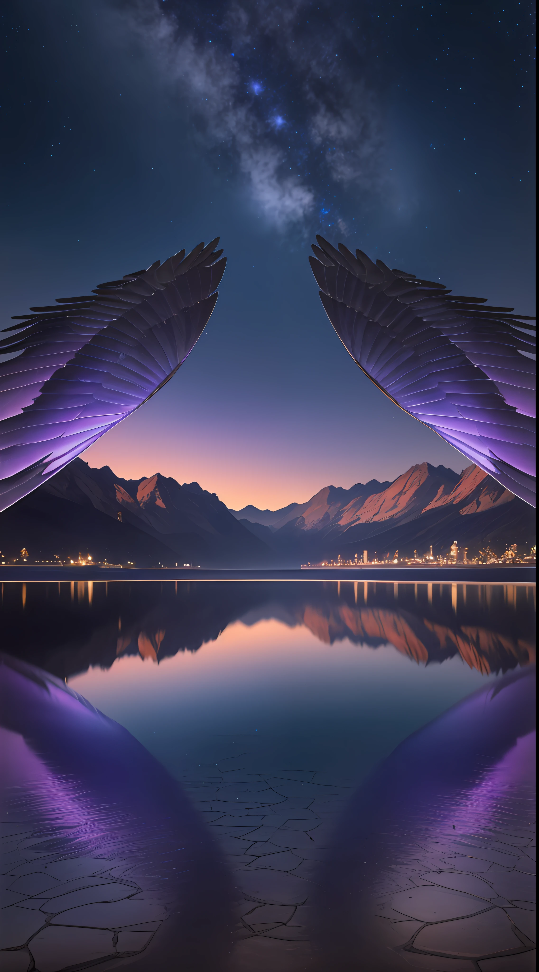 purple wings are reflected in a lake at night, infinite angelic wings, infinite angel wings, wings made of light, infinite wings, majestic symmetrical eagle wings, big angel wings wide open, wings made of glass, majestic wings, epic angel wings, symmetric matte painting, outstretched wings, 8k stunning artwork, beautiful composition 3 - d 4 k, marc adamus