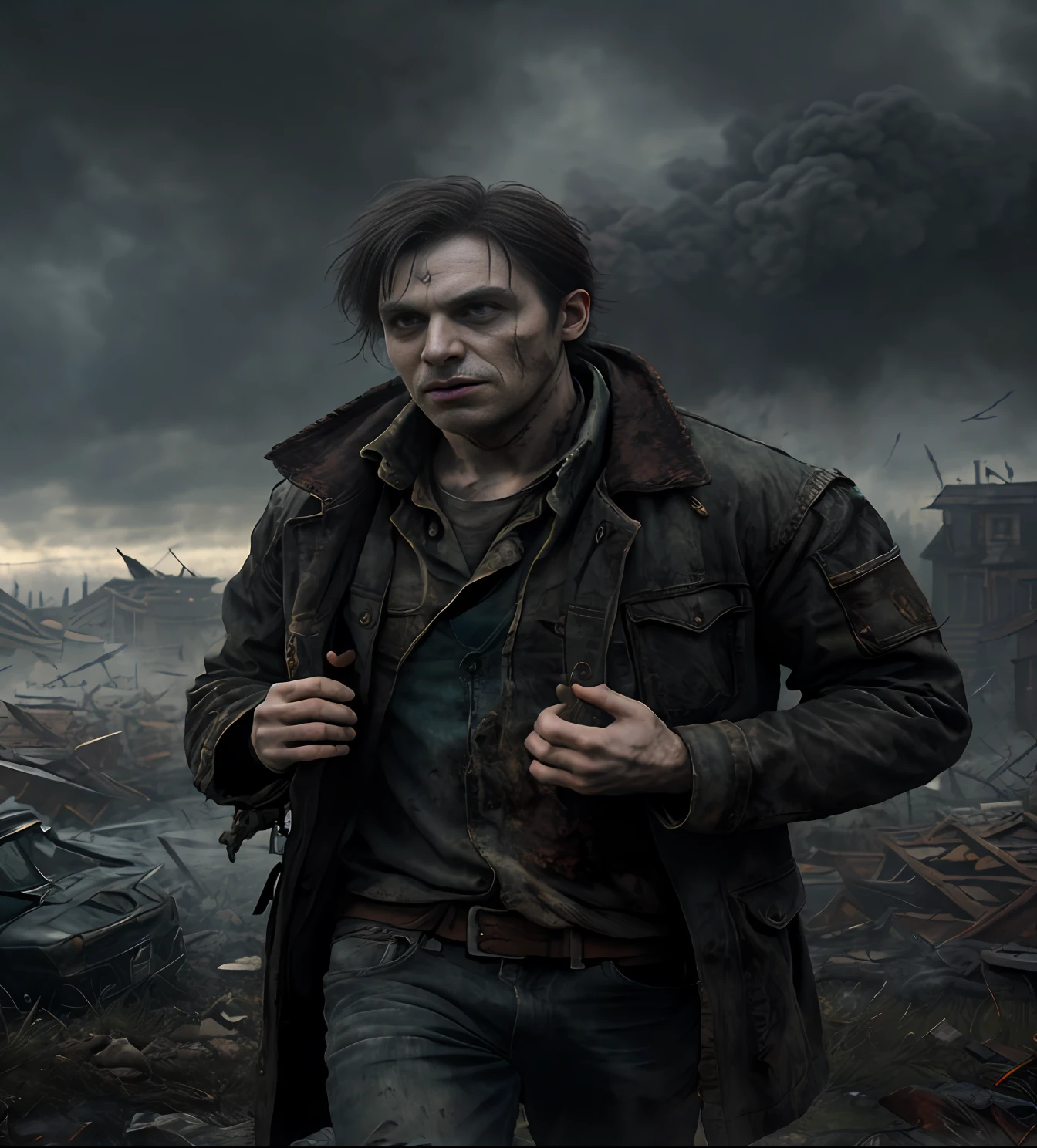 "((masterpiece)) maximum quality, ultra-detail, incredibly detailed 8k CG image, dramatic zombie scene, dense smoke in the background, terrified look, palpable tension, dynamic and creative framing, crafted shadows, contrasting brightness, all in high definition. (1 person), surrounded by multiple zombies, wide eyes, expression of panic. (zombies) high definition, detailed modeling, stunning textures, all contributing to an immersive and realistic scene. Textured background, addition of crumbling details, mold and havoc caused by the calamity."