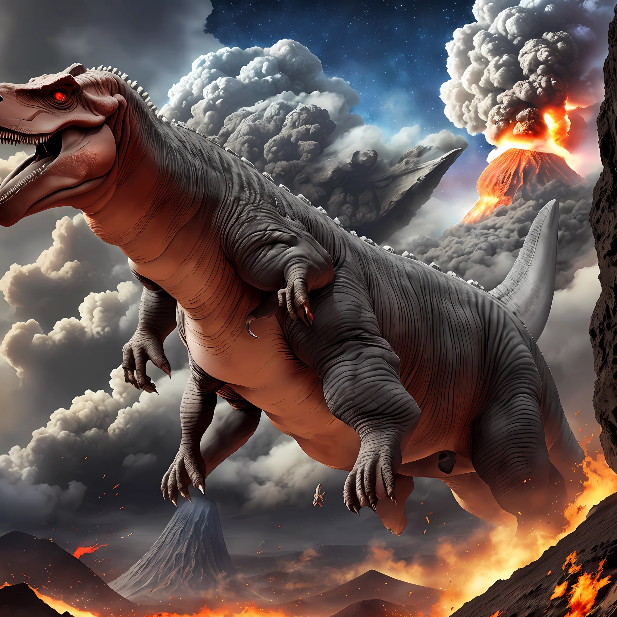 A furious giant rex dinosaur with gray skin and red eyes. Next to a volcano erupting. And in the sky a falling comet --auto --s2