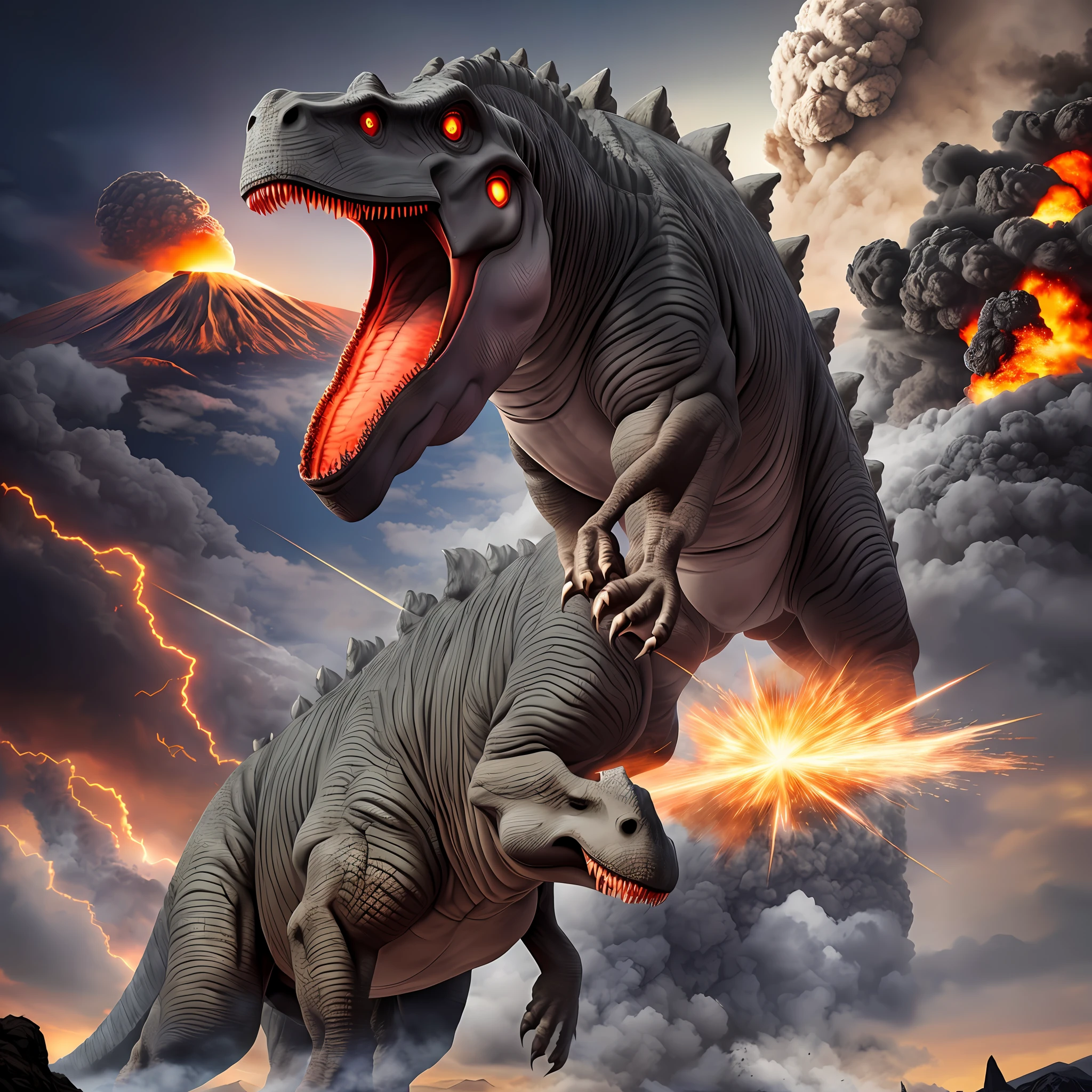 A furious giant rex dinosaur with gray skin and red eyes. Next to a volcano erupting. And in the sky a falling comet --auto --s2