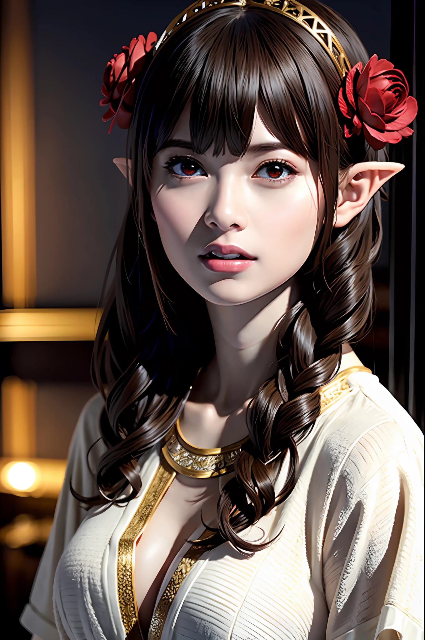 Ultra-detailed complex 3D rendering of the face, (Colossal: 8.8), (masterpiece, top quality, octane rendering, 8K), glamour shot full body image, very beautiful young elf, cleavage, (very detailed skin: 1.2), (exposure: 1.1), brown-haired, ((wearing a plummeted open shirt of red silk: 1.5)), beautiful Caucasian woman with full soft breasts and dark skin, with big buttocks, 1 person, blonde long braided hair, big breasts, dynamic angle, mystical expression, ultra-realistic photo, (((((portrait)))), bare feet, futuristic urban background, facial muscles, detailed and beautiful gold crown, in the style of Marvel Comics, ArtStation trends, clear focus, studio photography, intricate details, highly detailed, detailed red eyes, very detailed, Sharp Focus, Digital Rendering, Professional, Abs, Dark Grey Background, Black Skin