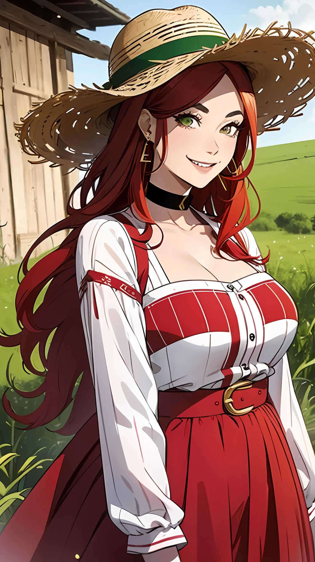 A grown-up, smiling, spicy woman, with big clothes resembling pepper, red and green, redhead, straw hat, on a farm, wearing notes, thick eyebrows, with fangs, earrings and gold choker